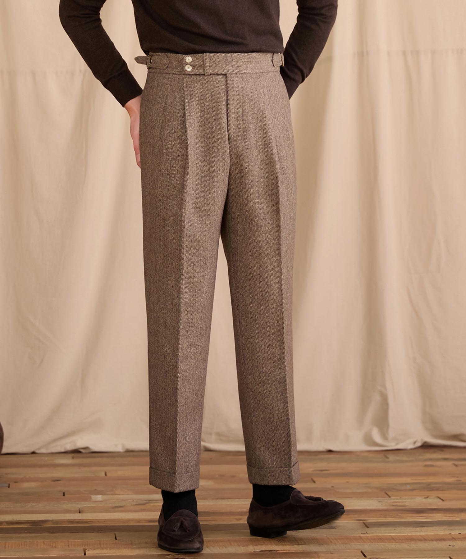 【NEW ITEM】レギュラーフィット 2つボタン ウエストサイドベルト サイズ調整可能 ウール ツータック クリース クラシック シワになりにくい ダブル トラウザー パンツ スラックス ズボン