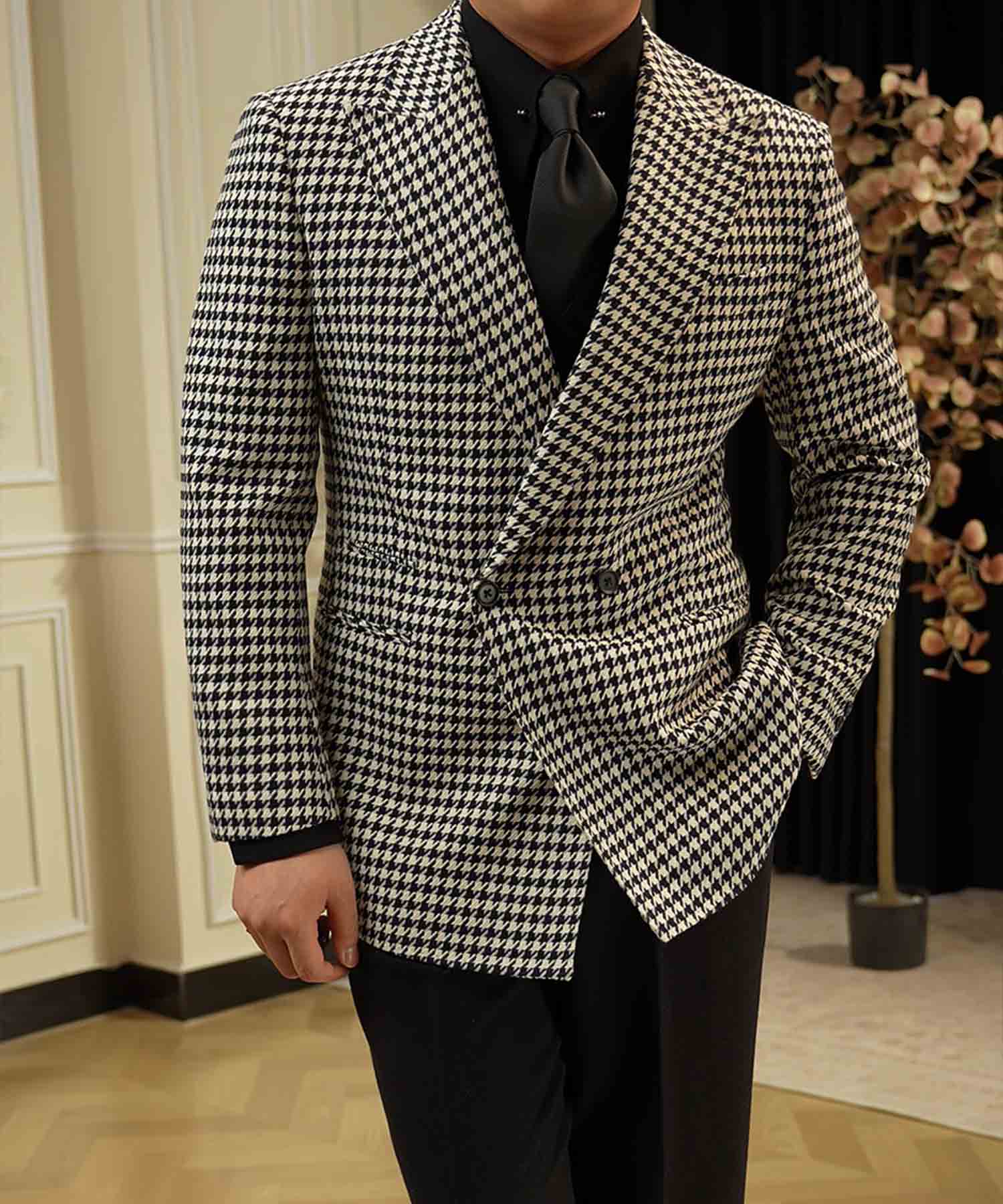 スリムフィット ダブルブレスト 2つボタン 千鳥格子 玉縁ポケット 機能