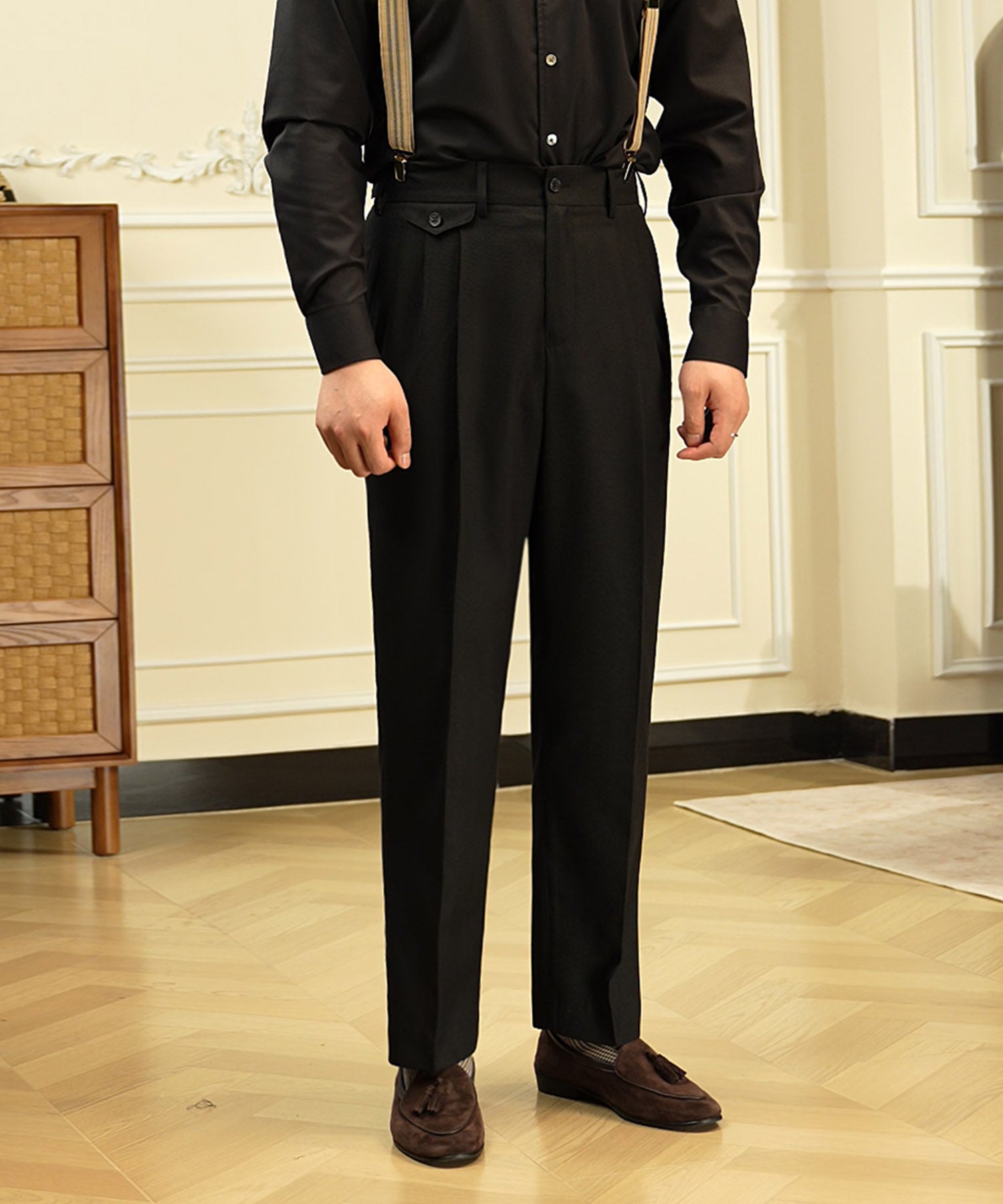 スリムフィット ベルトループ コインポケット クリース ツータック