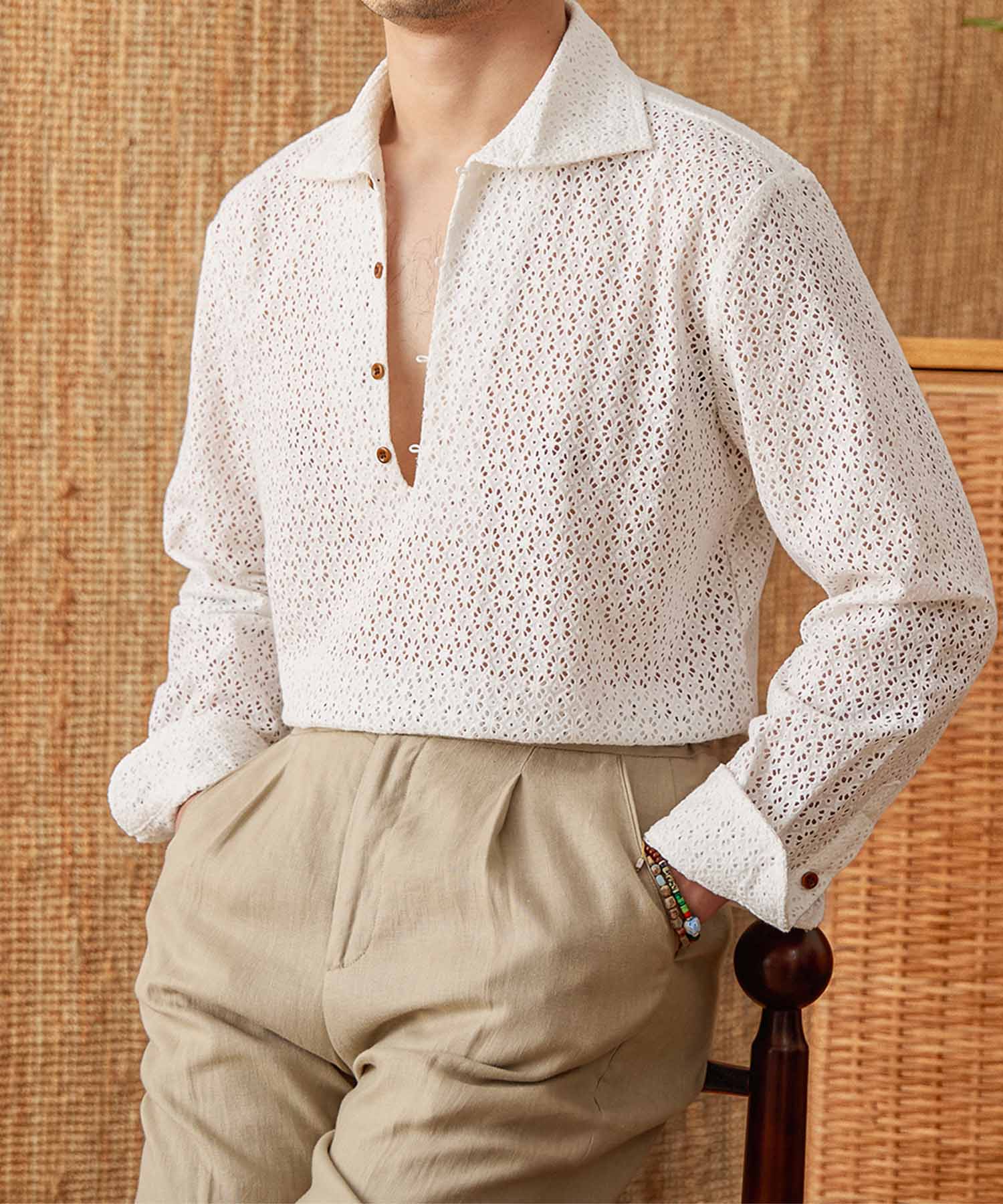 レギュラーフィット 機能性抜群 綿 前あき Vネック 花柄 レース 通気性抜群 シワになりにくい 清涼感 エレガンス ロングスリーブ シャツ