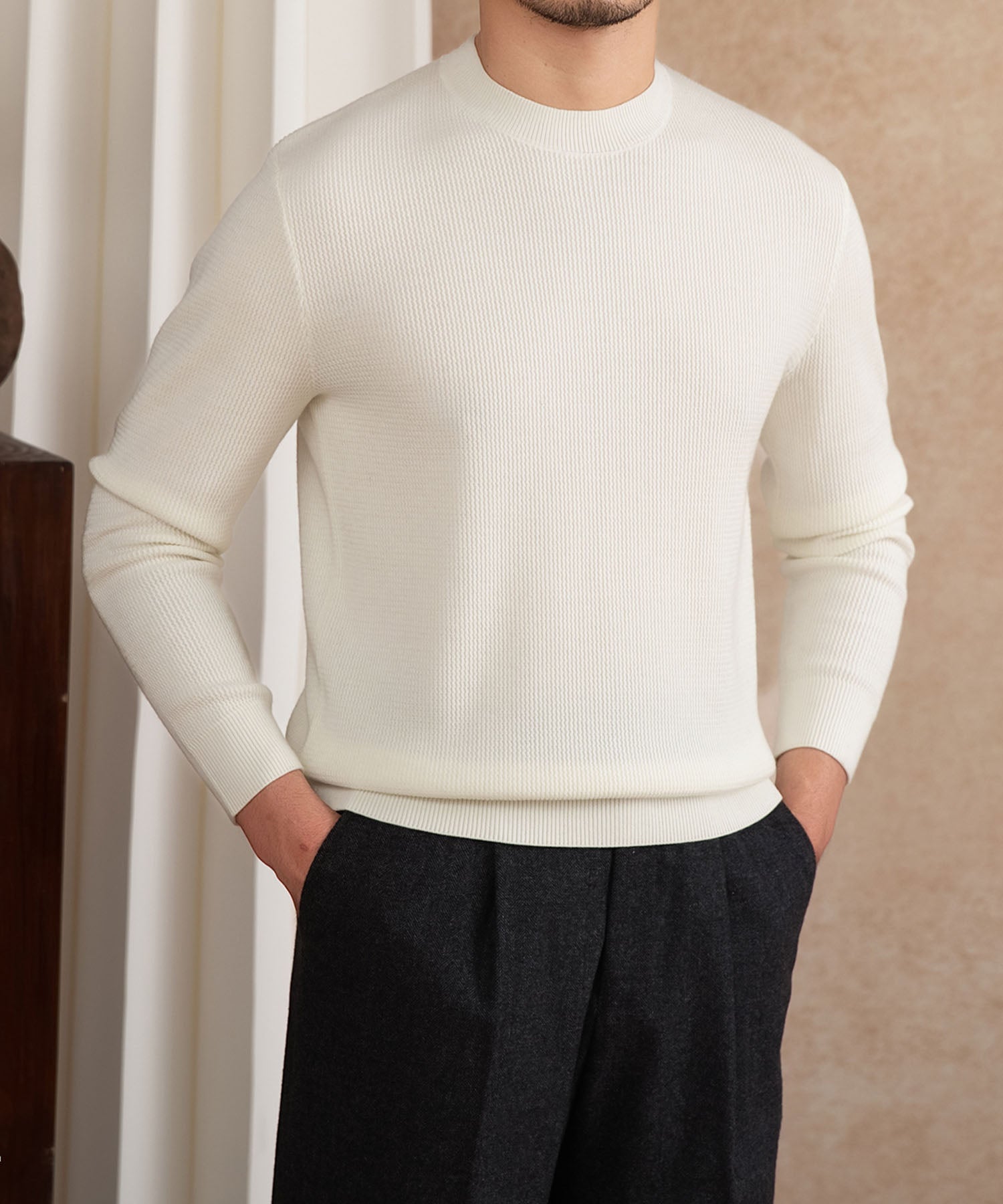 【NEW ITEM】スリムフィット 機能性抜群 ミニマル シワになりにくい 清潔感 トップス ロングスリーブ リブ ニット セーター