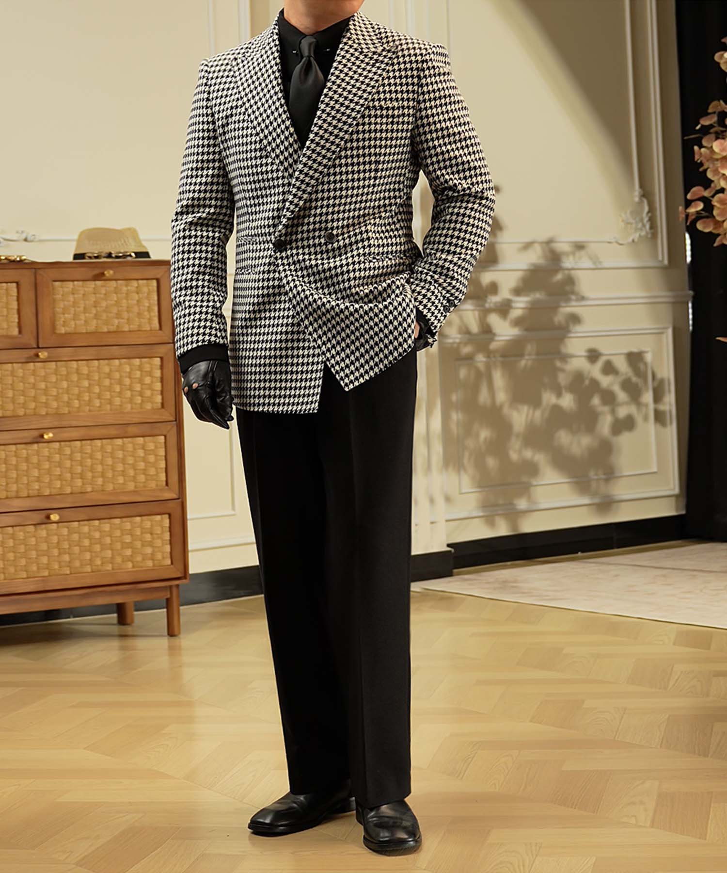 スリムフィット ダブルブレスト 2つボタン 千鳥格子 玉縁ポケット 機能