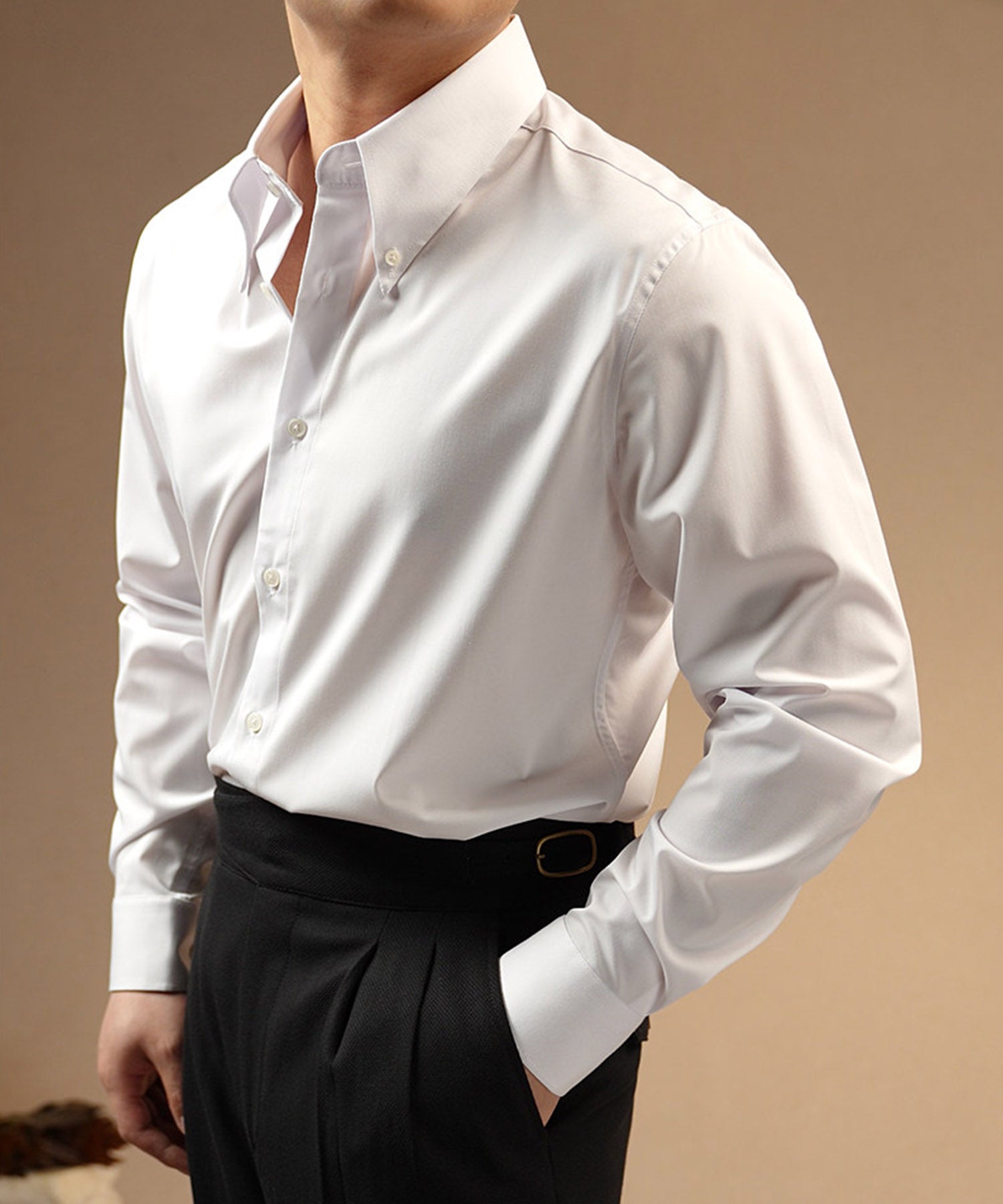 【NEW ITEM】スリムフィット ロングカラー ボタンダウン 無地 機能性抜群 シワになりにくい 清潔感 ロングスリーブ ミニマル エレガンス シャツ