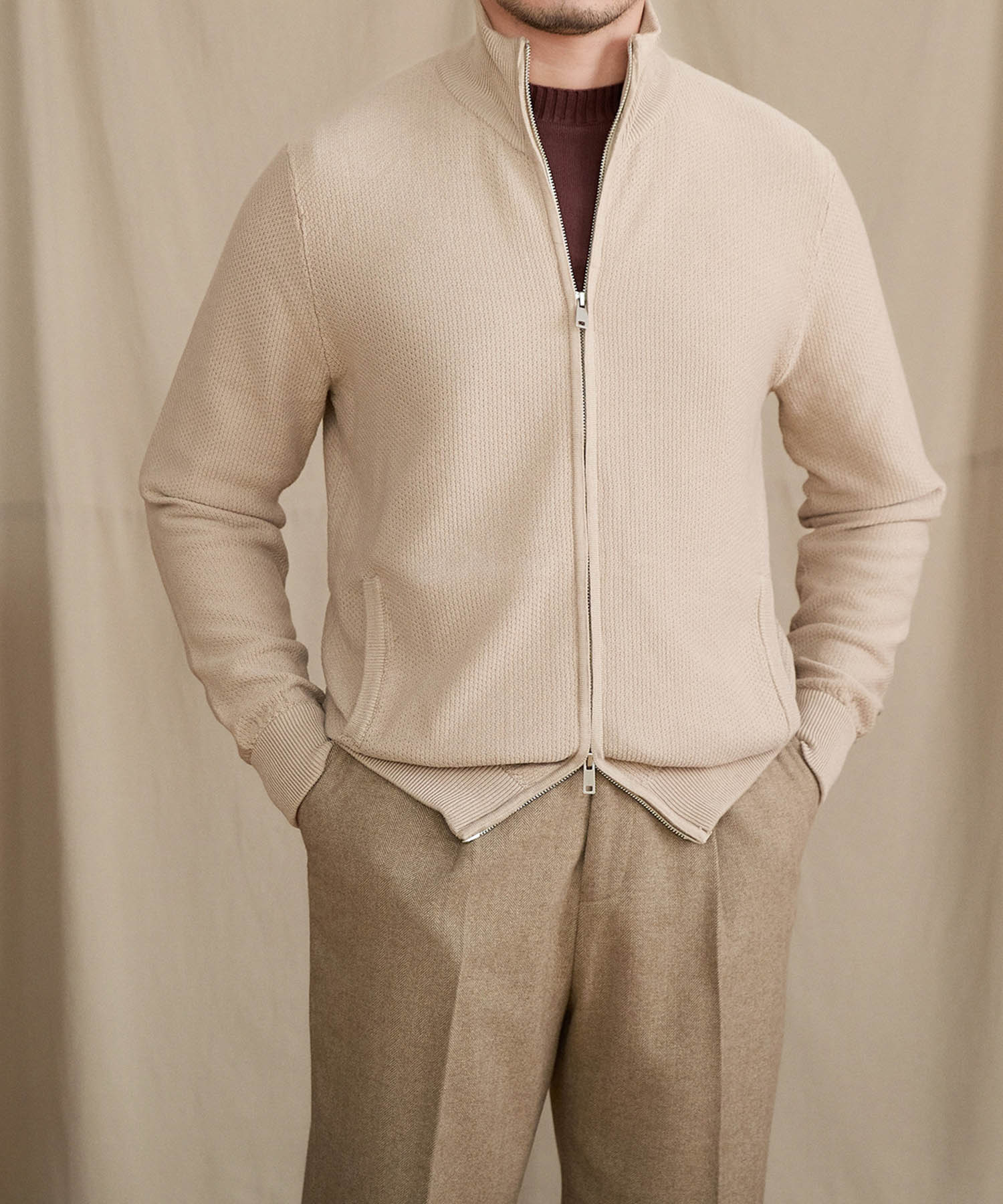 【NEW ITEM】スリムフィット 2WAY 機能性抜群 ウール 天然素材 オープン ジップ ハイゲージ シワになりにくい 清潔感 トップス リブ ニット セーター