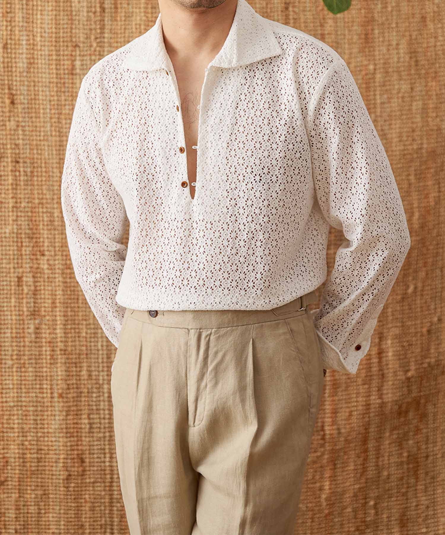 レギュラーフィット 機能性抜群 綿 前あき Vネック 花柄 レース 通気性抜群 シワになりにくい 清涼感 エレガンス ロングスリーブ シャツ