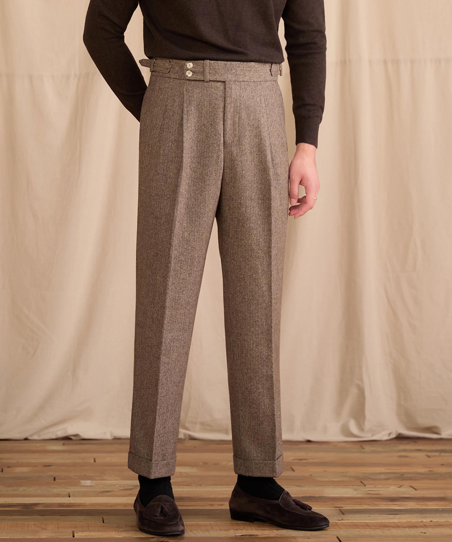 【NEW ITEM】レギュラーフィット 2つボタン ウエストサイドベルト サイズ調整可能 ウール ツータック クリース クラシック シワになりにくい ダブル トラウザー パンツ スラックス ズボン