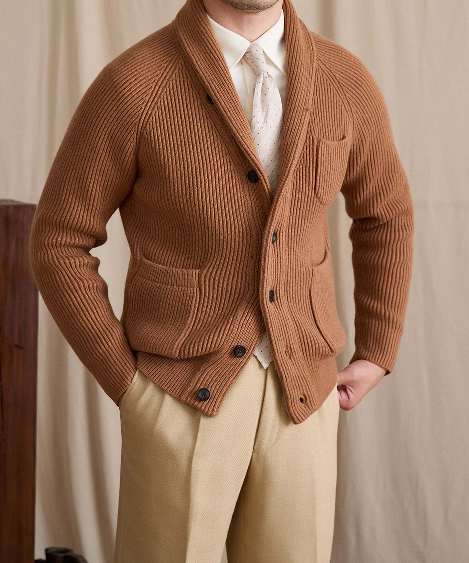 【NEW ITEM】スリムフィット 2WAY 機能性抜群 ウール 天然素材 ショールカラー ローゲージ シワになりにくい 清潔感 トップス リブ ニット セーター