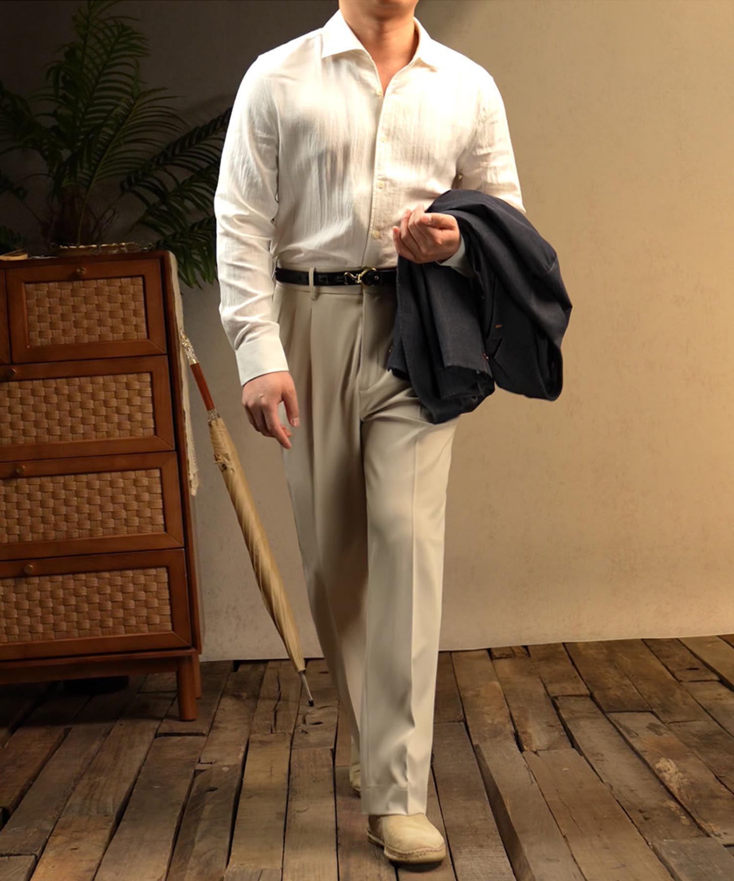 【NEW ITEM】スリムフィット 無地 リネン 異素材ミックス 機能性抜群 シワになりにくい 清潔感 ロングスリーブ ミニマル エレガント スマート シャツ