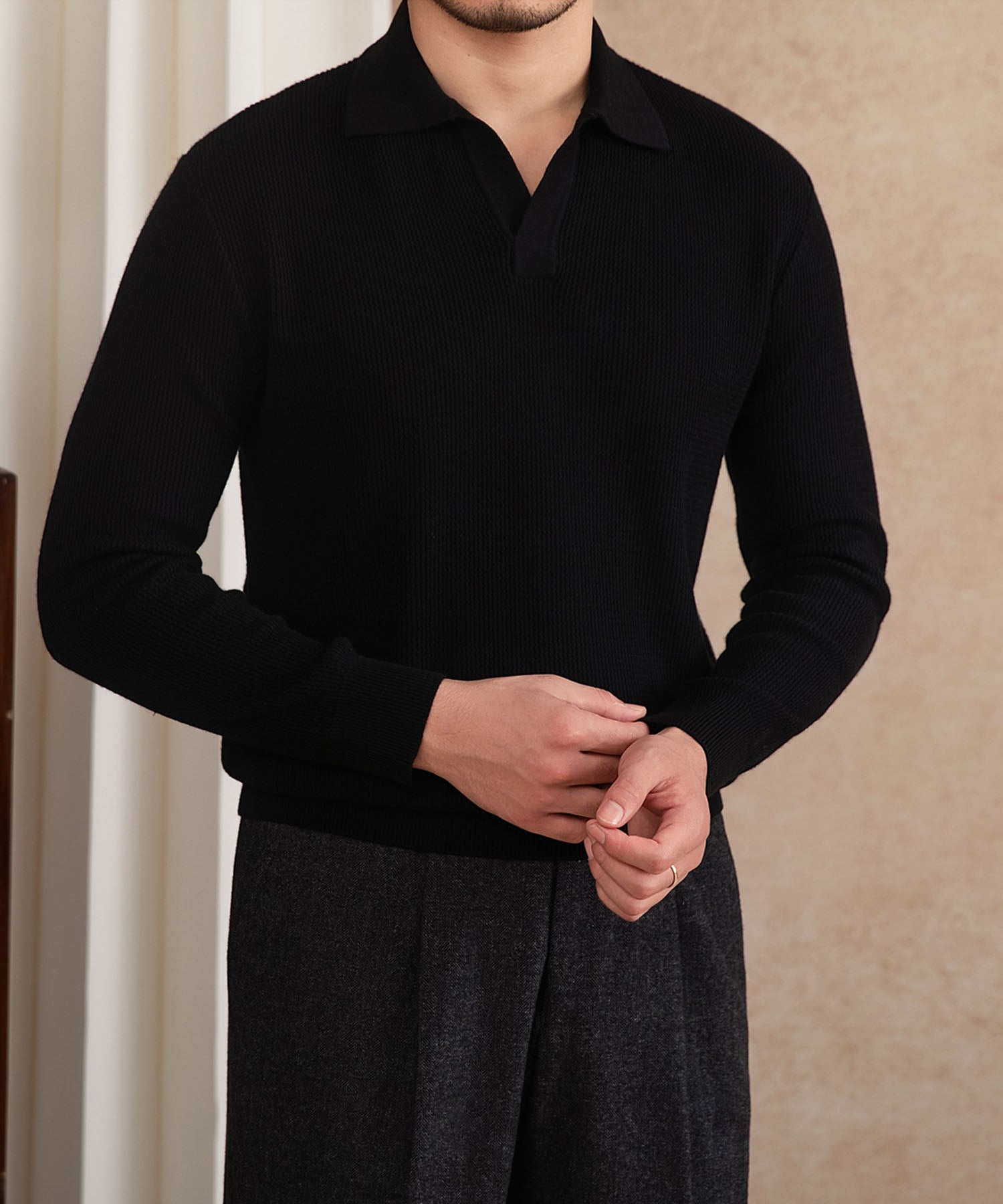 【NEW ITEM】スリムフィット 機能性抜群 襟付き 上品 シワになりにくい スマート トップス ロングスリーブ ポロ リブ ニット セーター