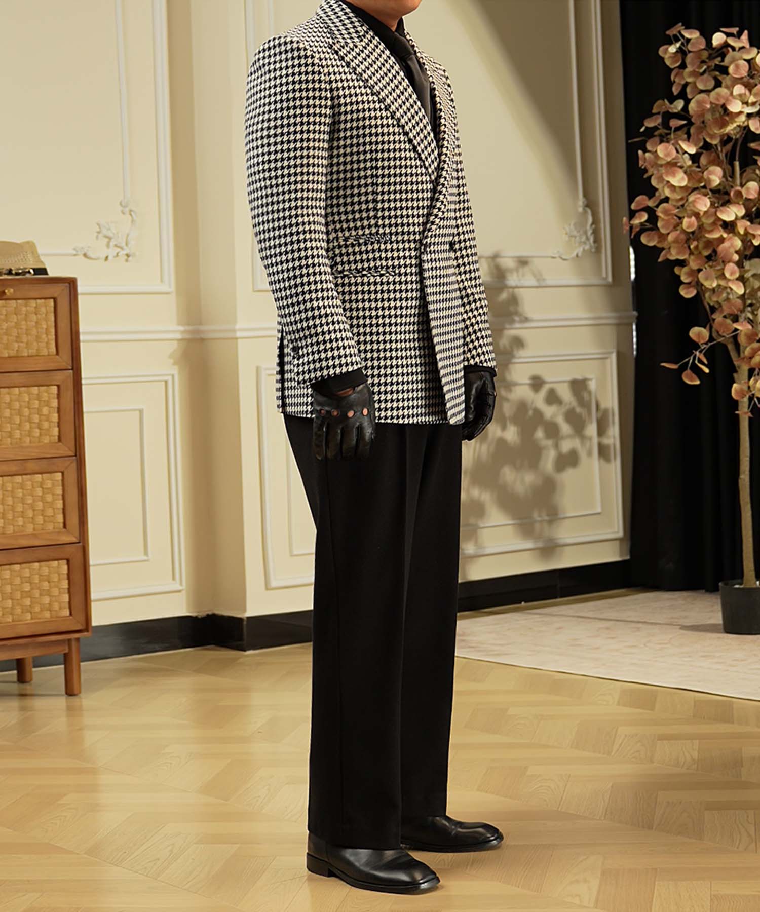 スリムフィット ダブルブレスト 2つボタン 千鳥格子 玉縁ポケット 機能