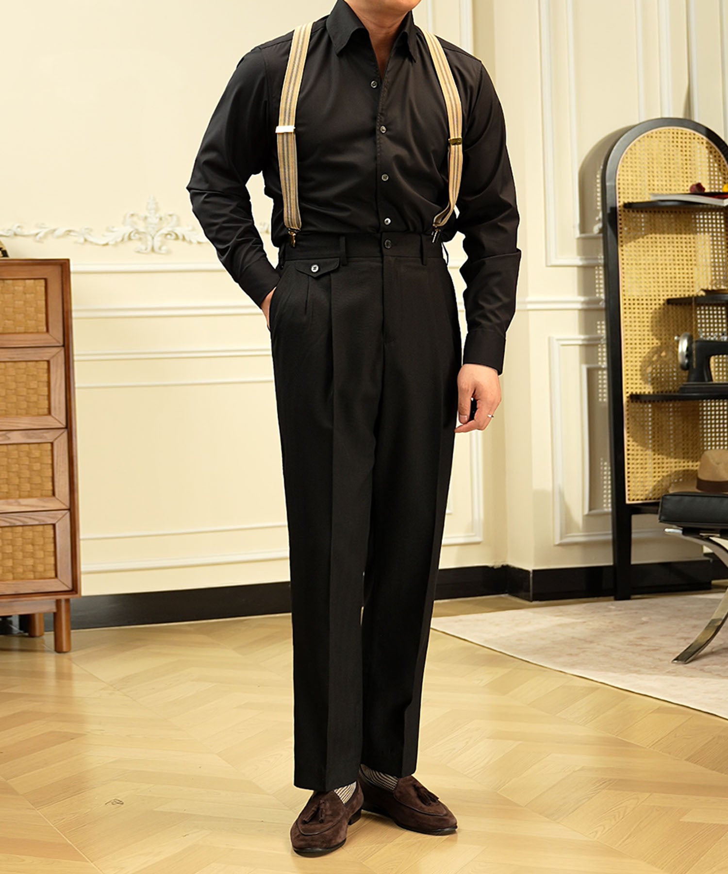 スリムフィット ベルトループ コインポケット クリース ツータック シワになりにくい クラシック ダブル トラウザー パンツ スラックス ズボン