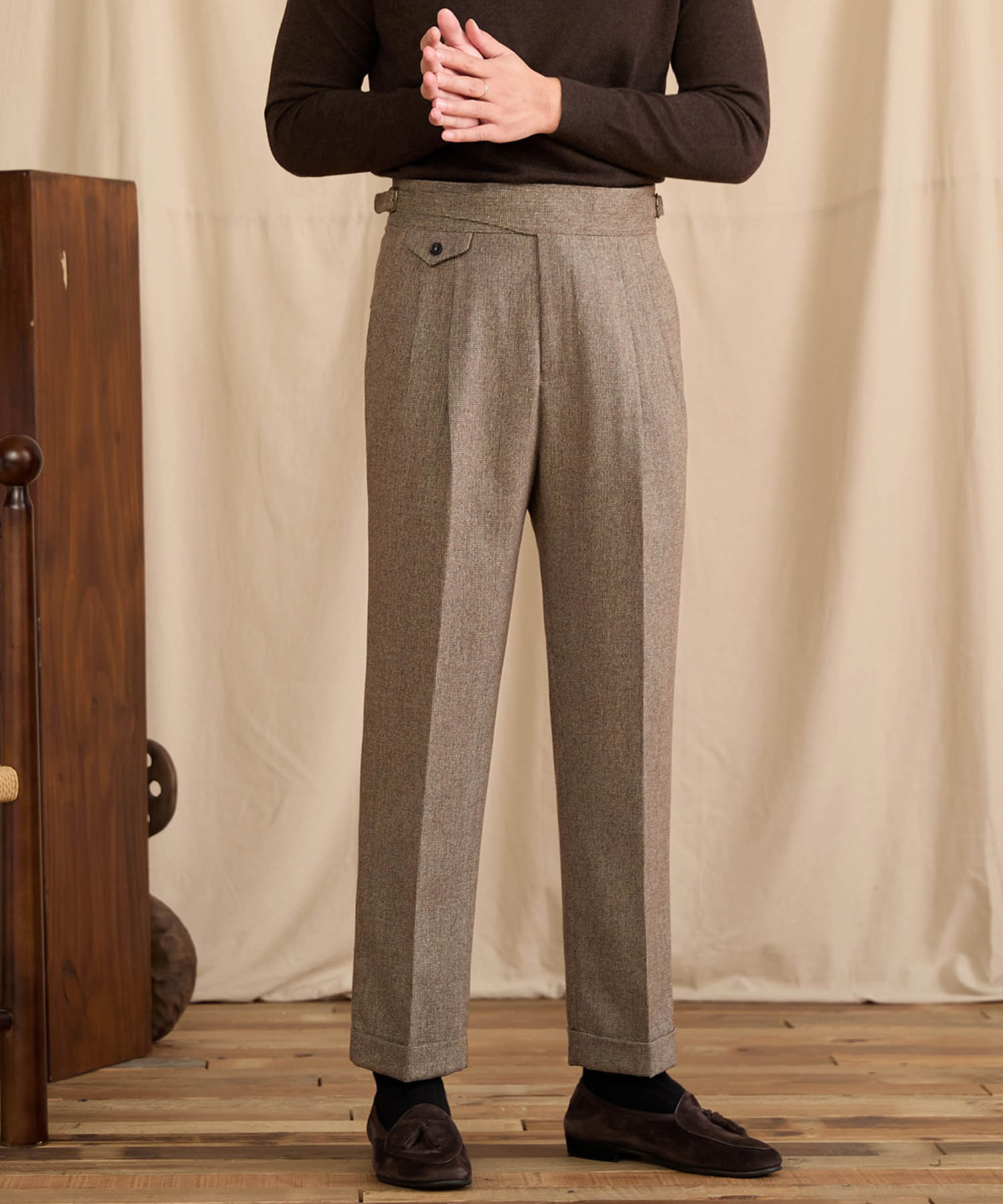 【NEW ITEM】レギュラーフィット 1つボタン ラップウエスト サイズ調整可能 ウール ハイウエスト コインポケット クリース クラシック シワになりにくい ダブル トラウザー パンツ スラックス ズボン
