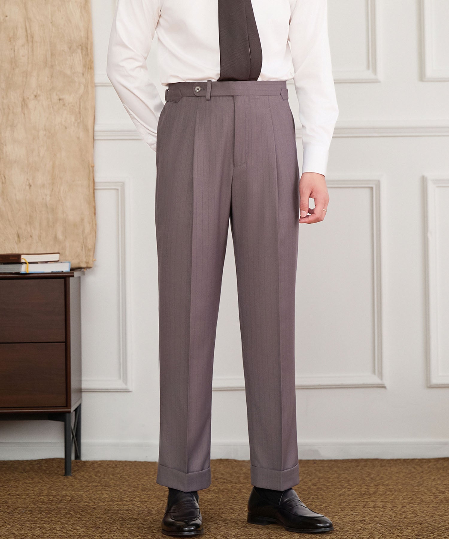 【NEW ITEM】スリムフィット 1つボタン ウエストサイドベルト サイズ調整可能 ハイウエスト タック クリース クラシック シワになりにくい ドレッシー ダブル トラウザー パンツ スラックス ズボン