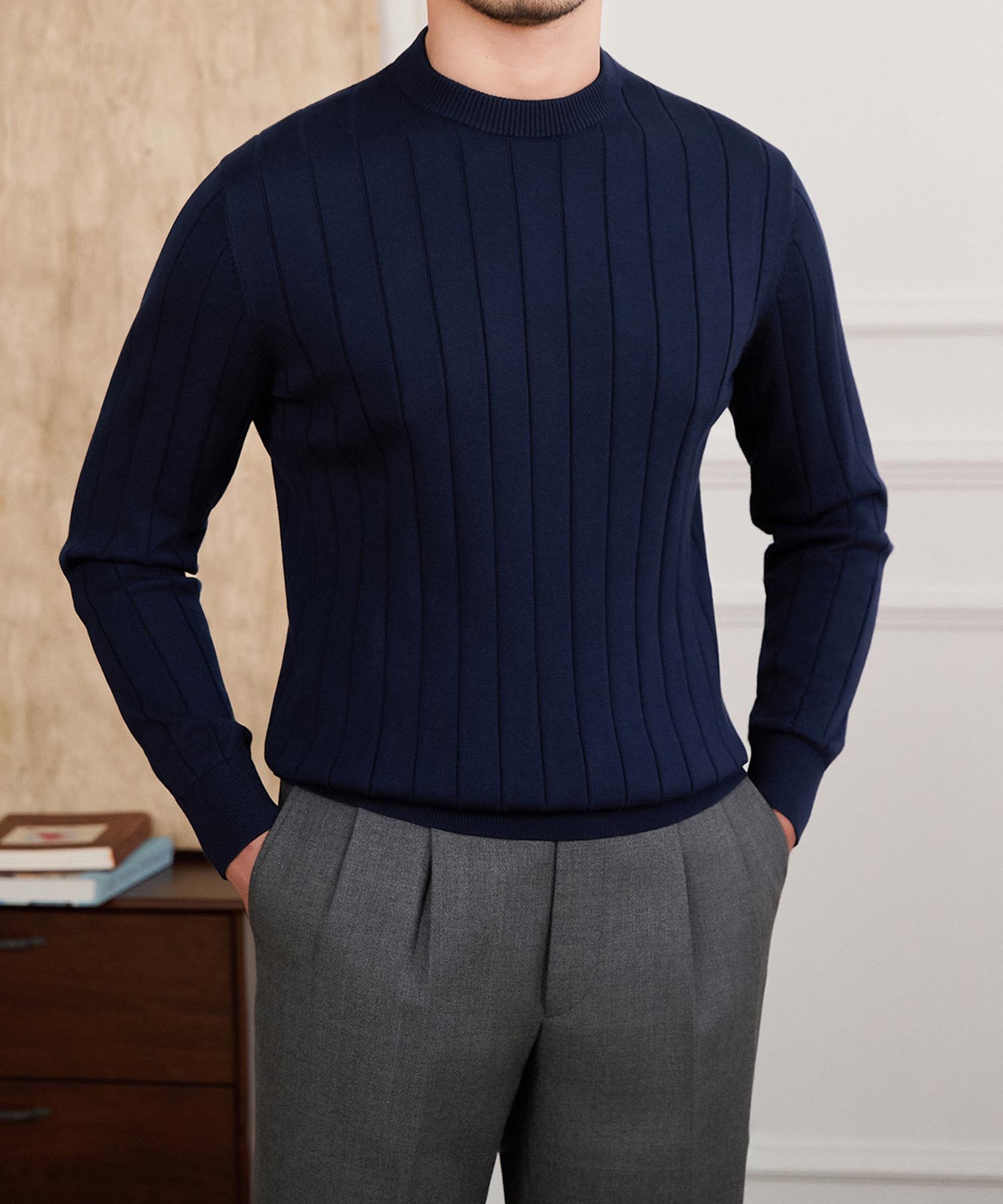 スリムフィット リブ ニット ベーシック エレガント 機能性抜群 シワになりにくい クルーネック ロングスリーブ セーター