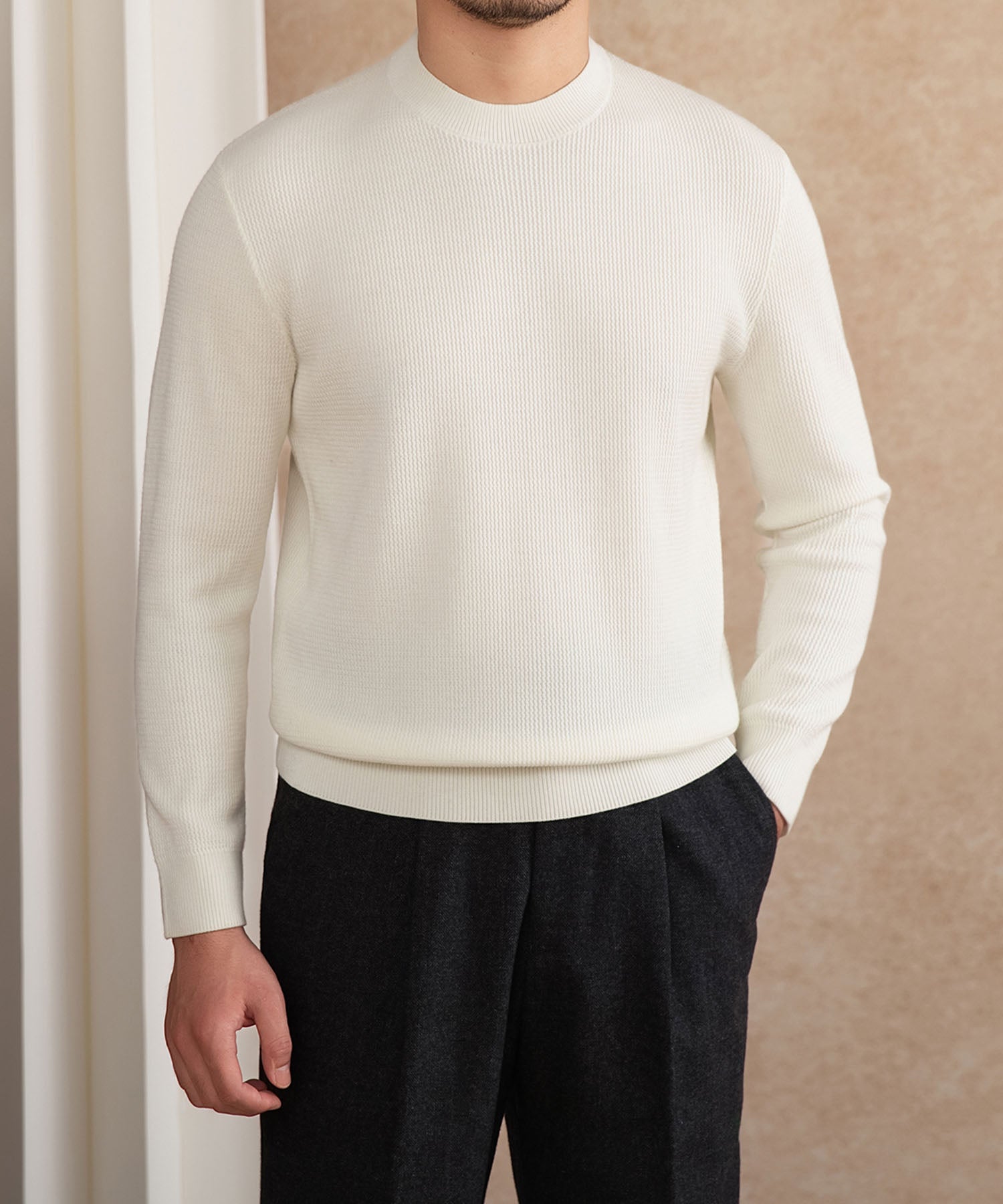 【NEW ITEM】スリムフィット 機能性抜群 ミニマル シワになりにくい 清潔感 トップス ロングスリーブ リブ ニット セーター