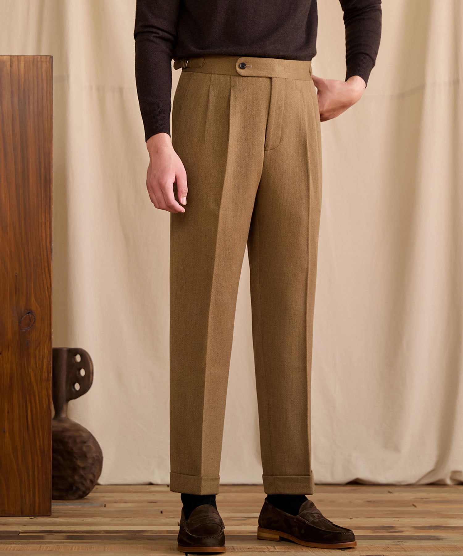 【NEW ITEM】スリムフィット 1つボタン ウエストサイドベルト サイズ調整可能 ウール ツータック クリース シワになりにくい ダブル トラウザー パンツ スラックス ズボン