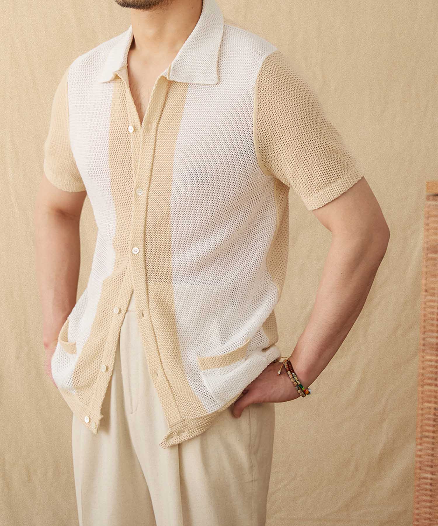 【NEW ITEM】スリムフィット 襟付き ボタン前あき 機能性抜群 麻 綿 通気性抜群 シワになりにくい 清潔感 清涼感 トップス サマーニット シャツ