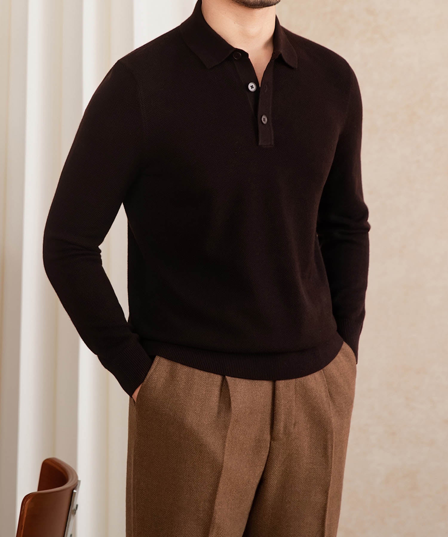 【COMING SOON】スリムフィット 機能性抜群 襟付き ミニマル シワになりにくい トップス ロングスリーブ ポロ リブ ニット セーター