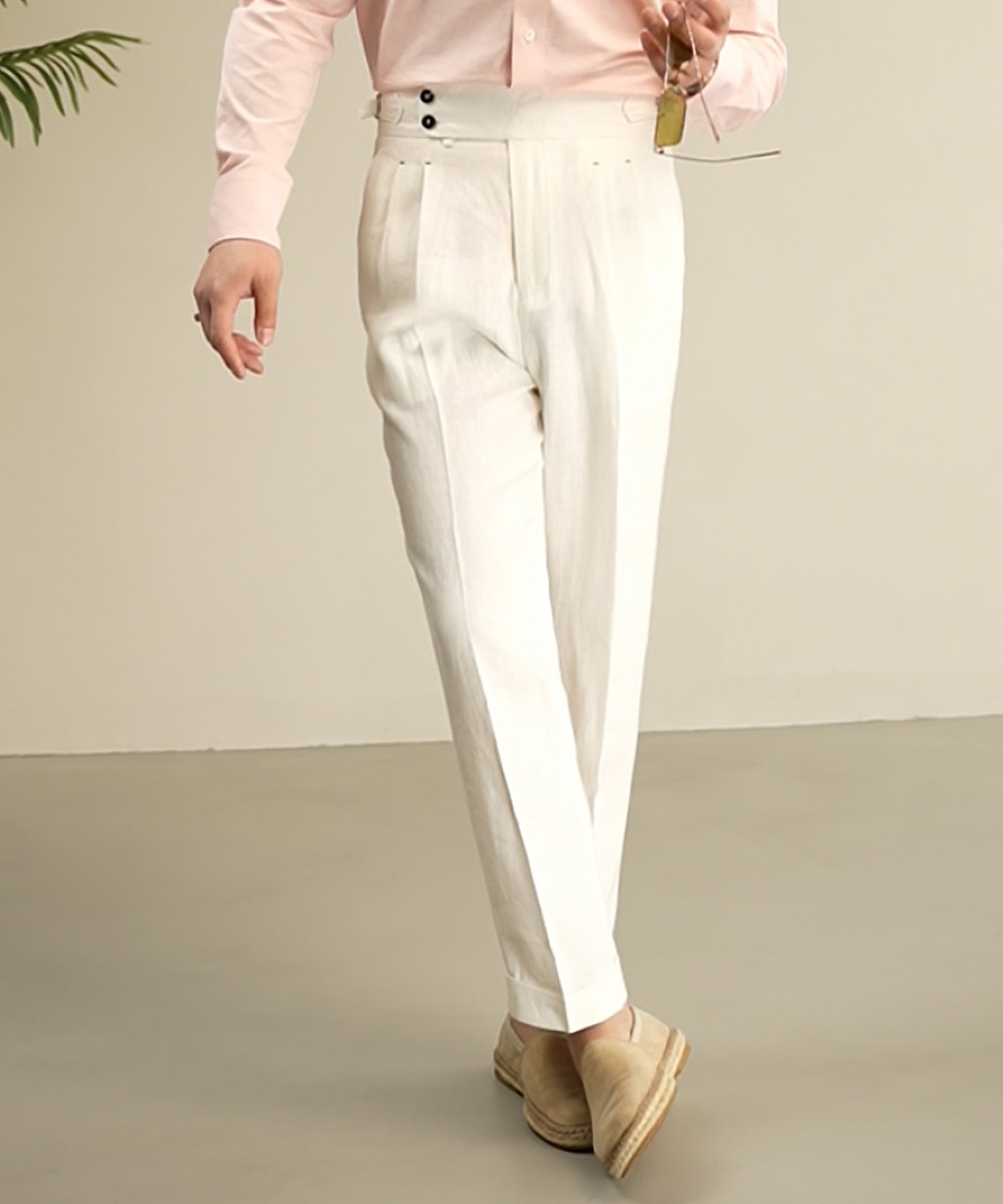 スリムフィット 2つボタン ウエストサイドベルト 尾錠 麻 サイズ調整可能 ツータック クリース シワになりにくい ストレート ダブル トラウザー パンツ スラックス ズボン
