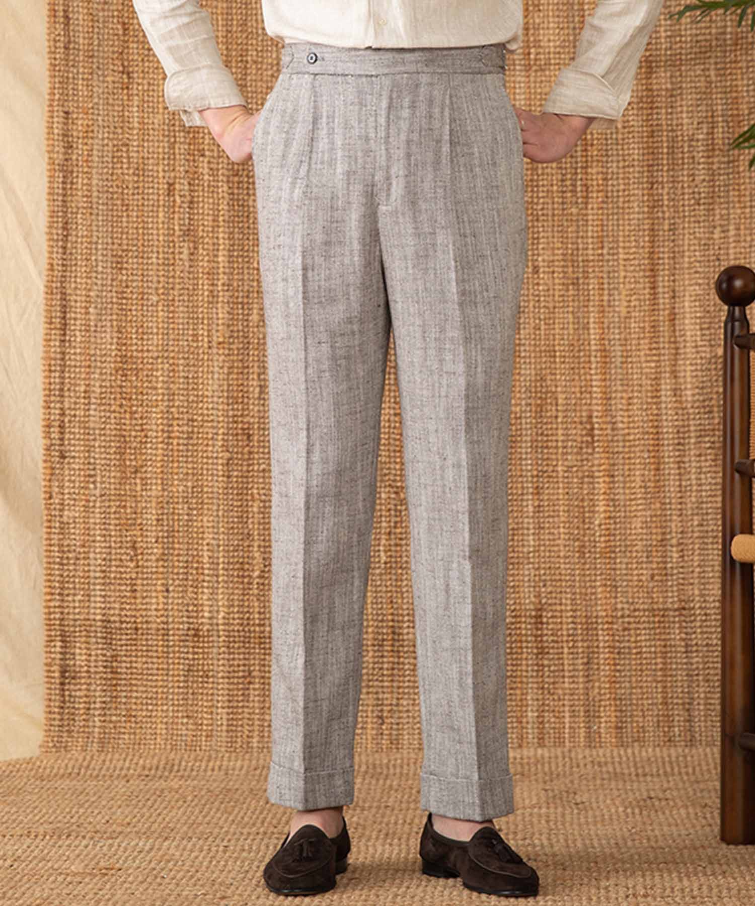 【NEW ITEM】レギュラーフィット 1つボタン ウエストサイドベルト サイズ調整可能 クリース トラウザー パンツ シワになりにくい 綿 麻 ダブル スラックス ズボン