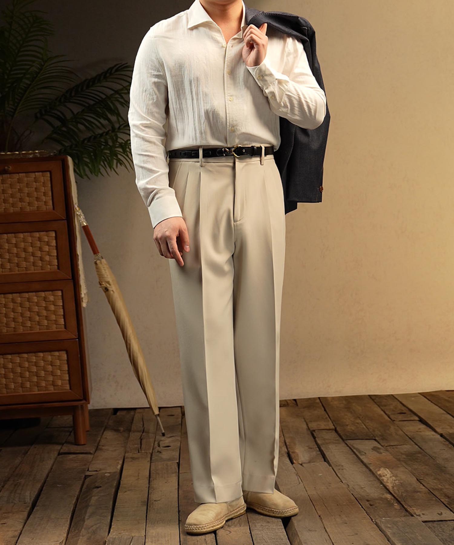 【NEW ITEM】スリムフィット 無地 リネン 異素材ミックス 機能性抜群 シワになりにくい 清潔感 ロングスリーブ ミニマル エレガント スマート シャツ