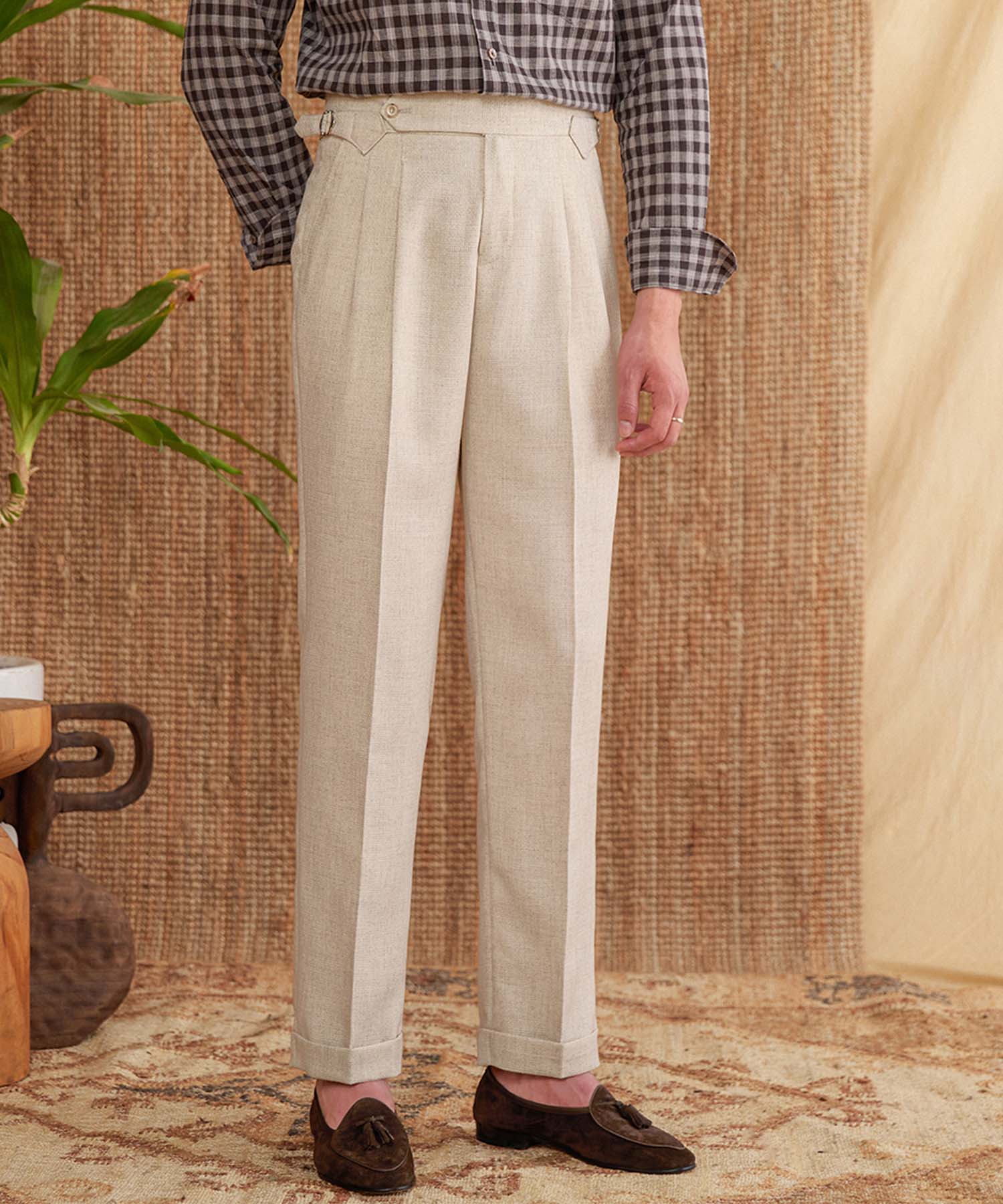 【NEW ITEM】スリムフィット 1つボタン ウエストベルト サイズ調整可能 キャンバス ツータック クリース シワになりにくい ダブル トラウザー パンツ スラックス ズボン