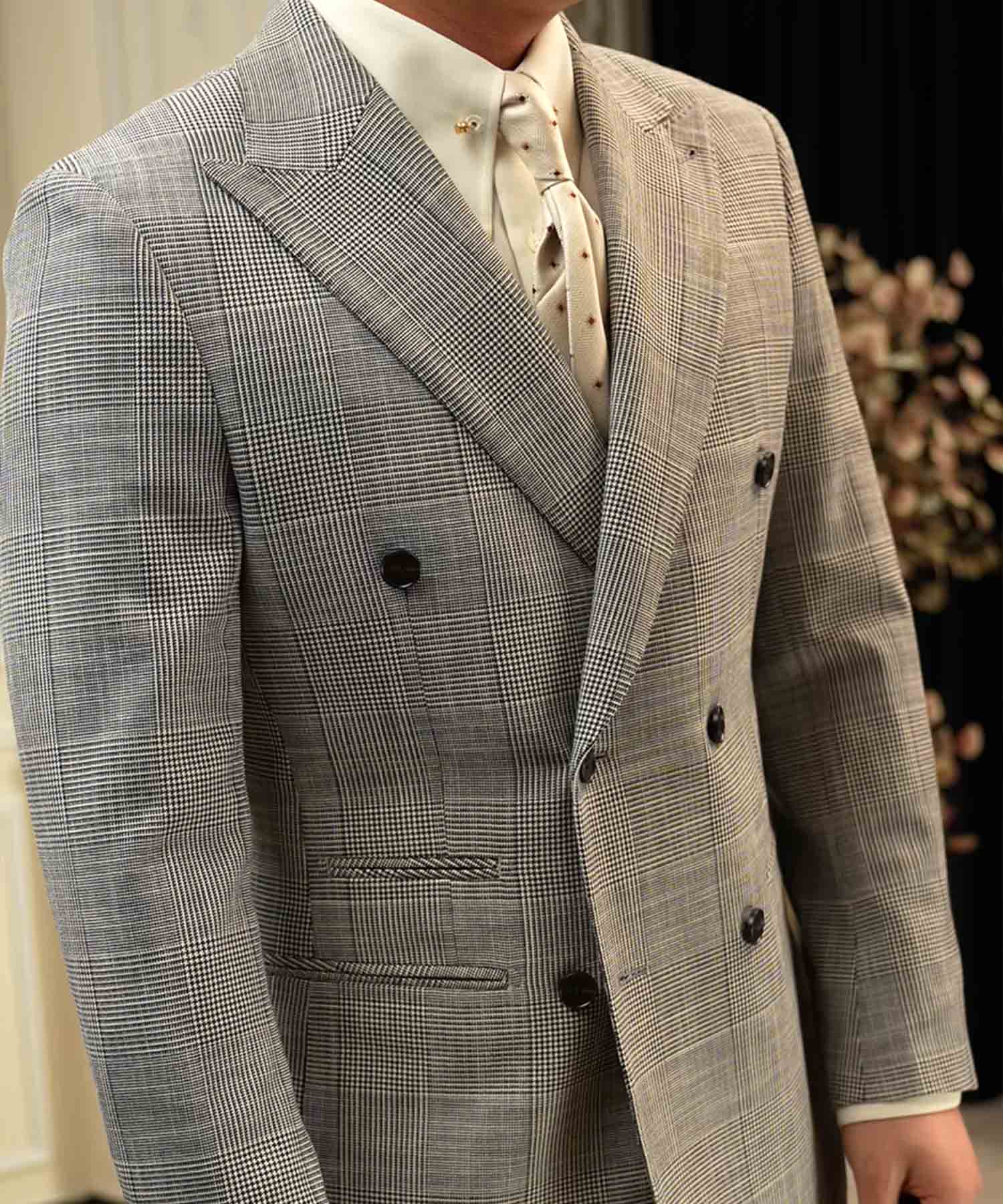 スリムフィット ダブルブレスト 6つボタン グレンチェック 柄 ワイド