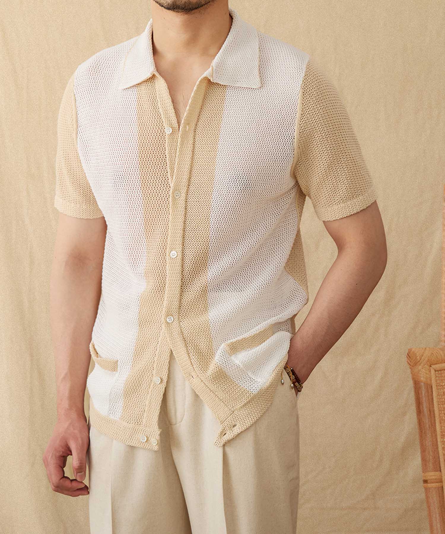 【NEW ITEM】スリムフィット 襟付き ボタン前あき 機能性抜群 麻 綿 通気性抜群 シワになりにくい 清潔感 清涼感 トップス サマーニット シャツ
