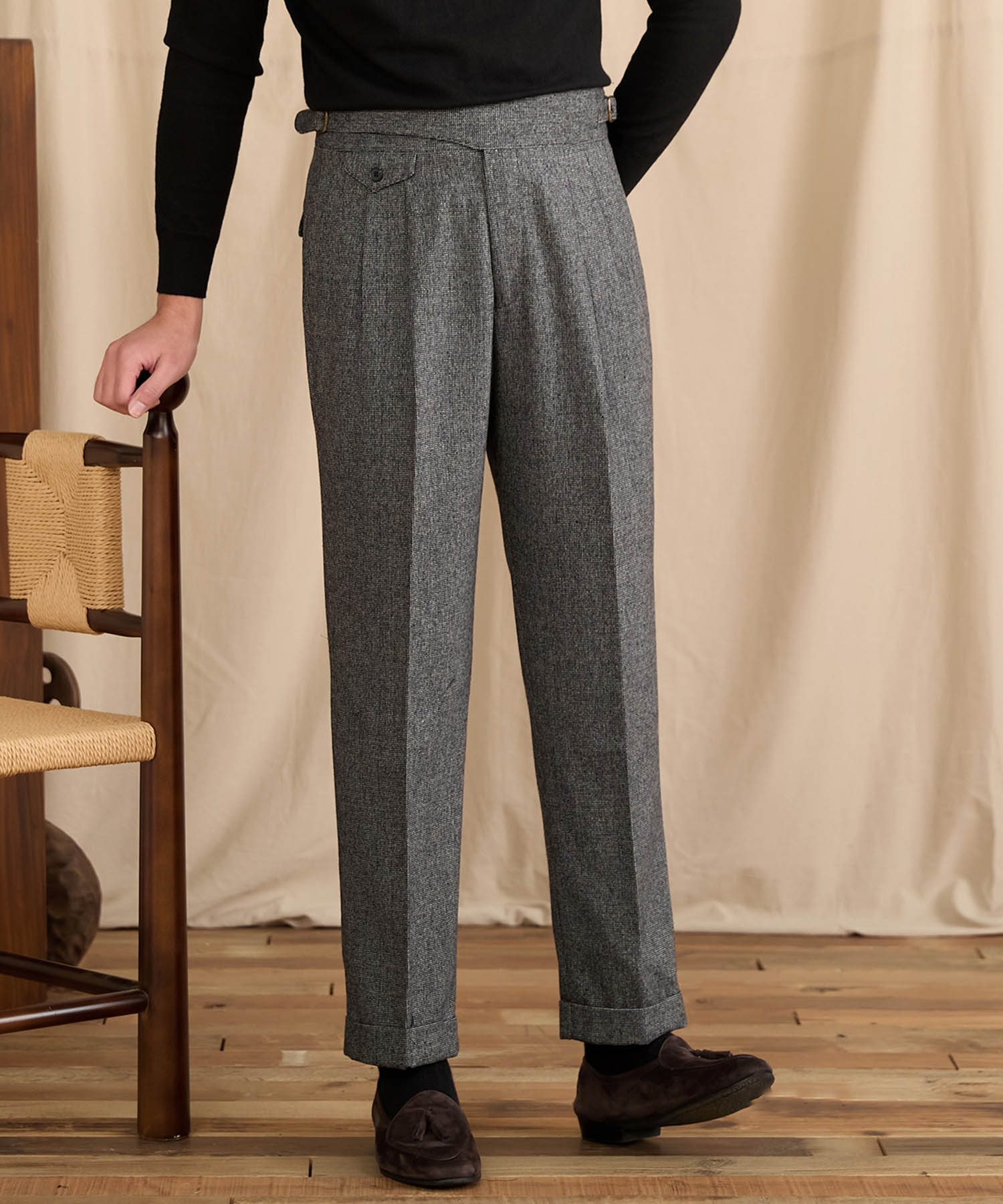 【NEW ITEM】レギュラーフィット 1つボタン ラップウエスト サイズ調整可能 ウール ハイウエスト コインポケット クリース クラシック シワになりにくい ダブル トラウザー パンツ スラックス ズボン