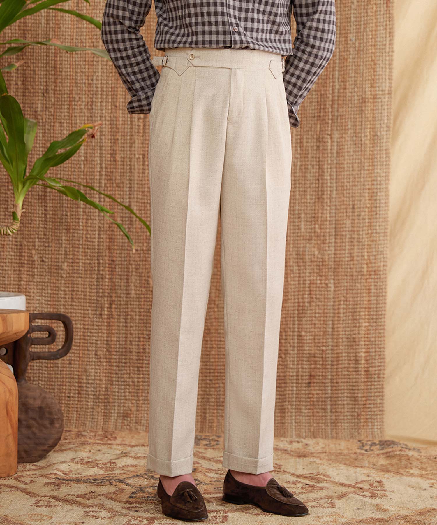 【NEW ITEM】スリムフィット 1つボタン ウエストベルト サイズ調整可能 キャンバス ツータック クリース シワになりにくい ダブル トラウザー パンツ スラックス ズボン