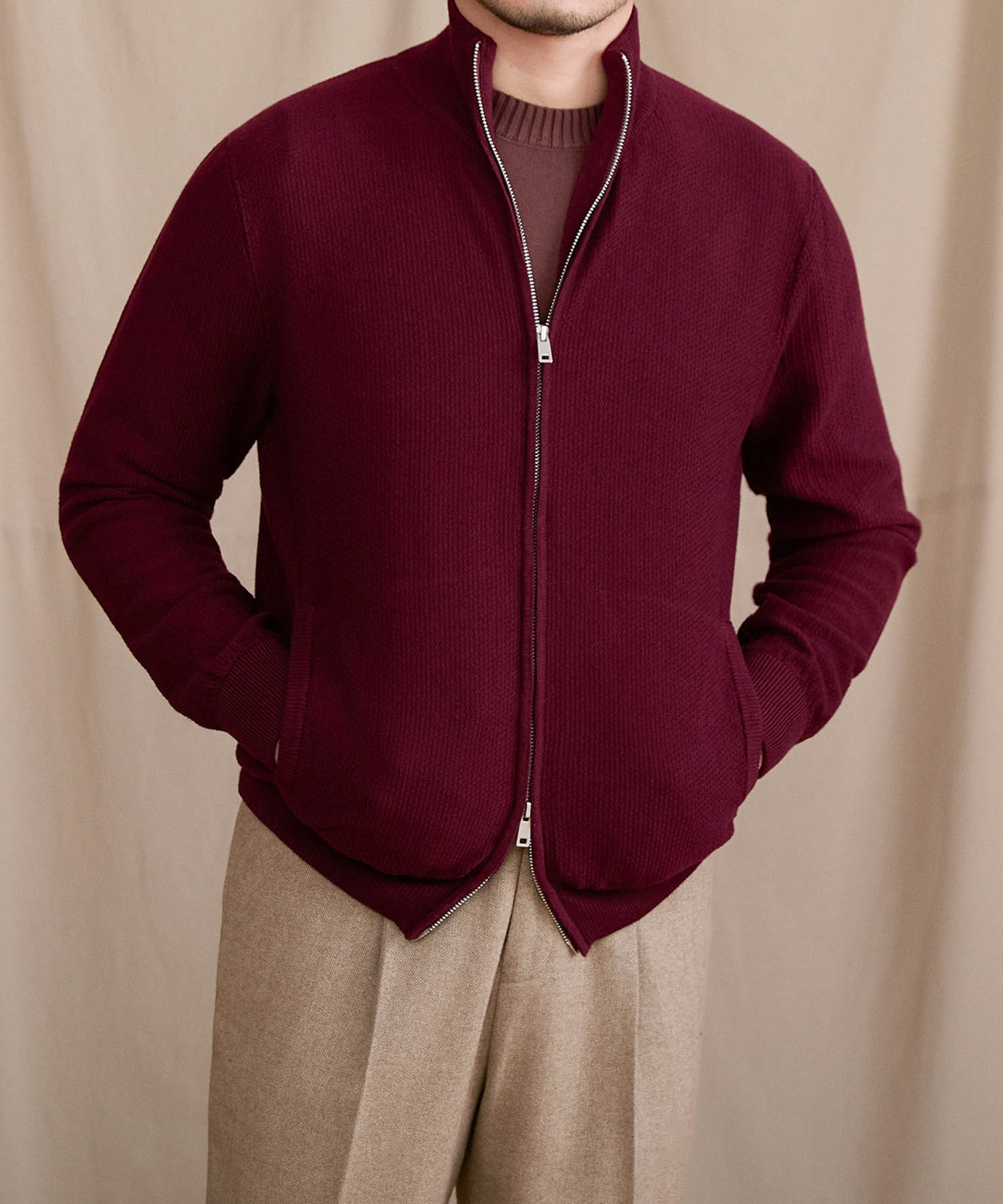 【NEW ITEM】スリムフィット 2WAY 機能性抜群 ウール 天然素材 オープン ジップ ハイゲージ シワになりにくい 清潔感 トップス リブ ニット セーター