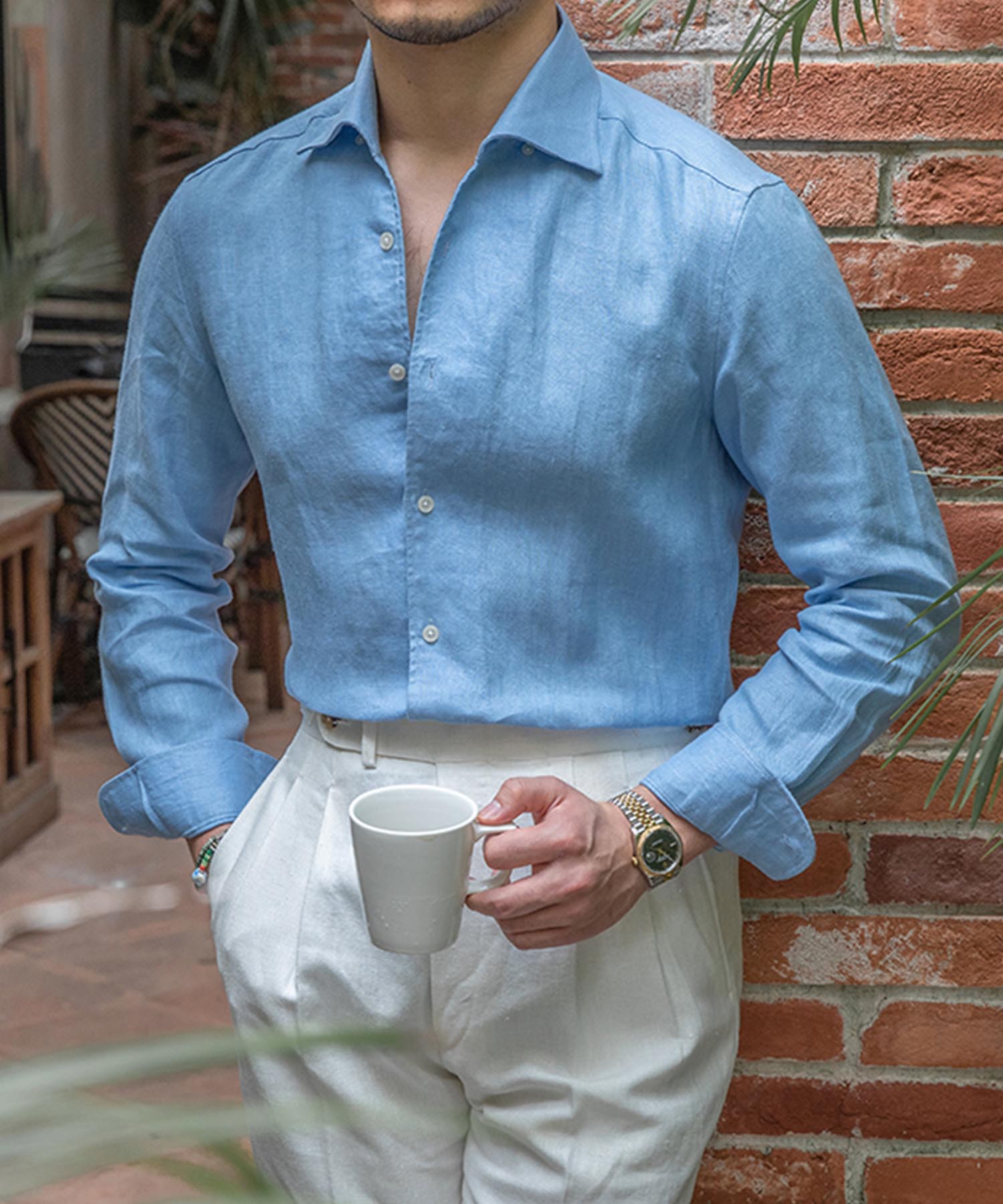 【ドラマ着用】スリムフィット 機能性抜群 通気性抜群 シワになりにくい 麻 清潔感 清涼感 隠しボタンダウン ナチュラル ロングスリーブ シャツ