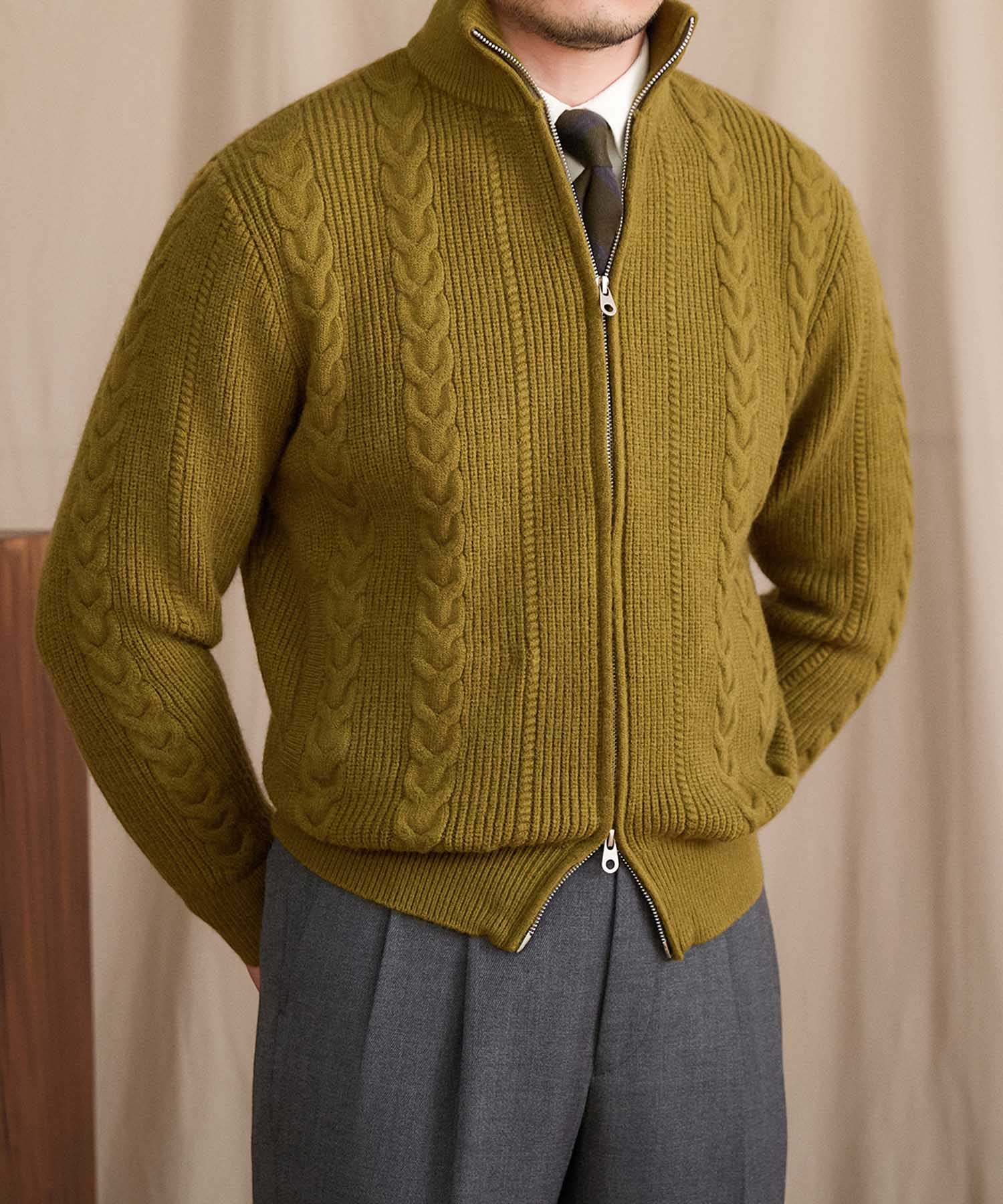 【COMING SOON】スリムフィット 2WAY 機能性抜群 オープン ジップ ケーブル編み シワになりにくい 清潔感 トップス リブ ニット セーター