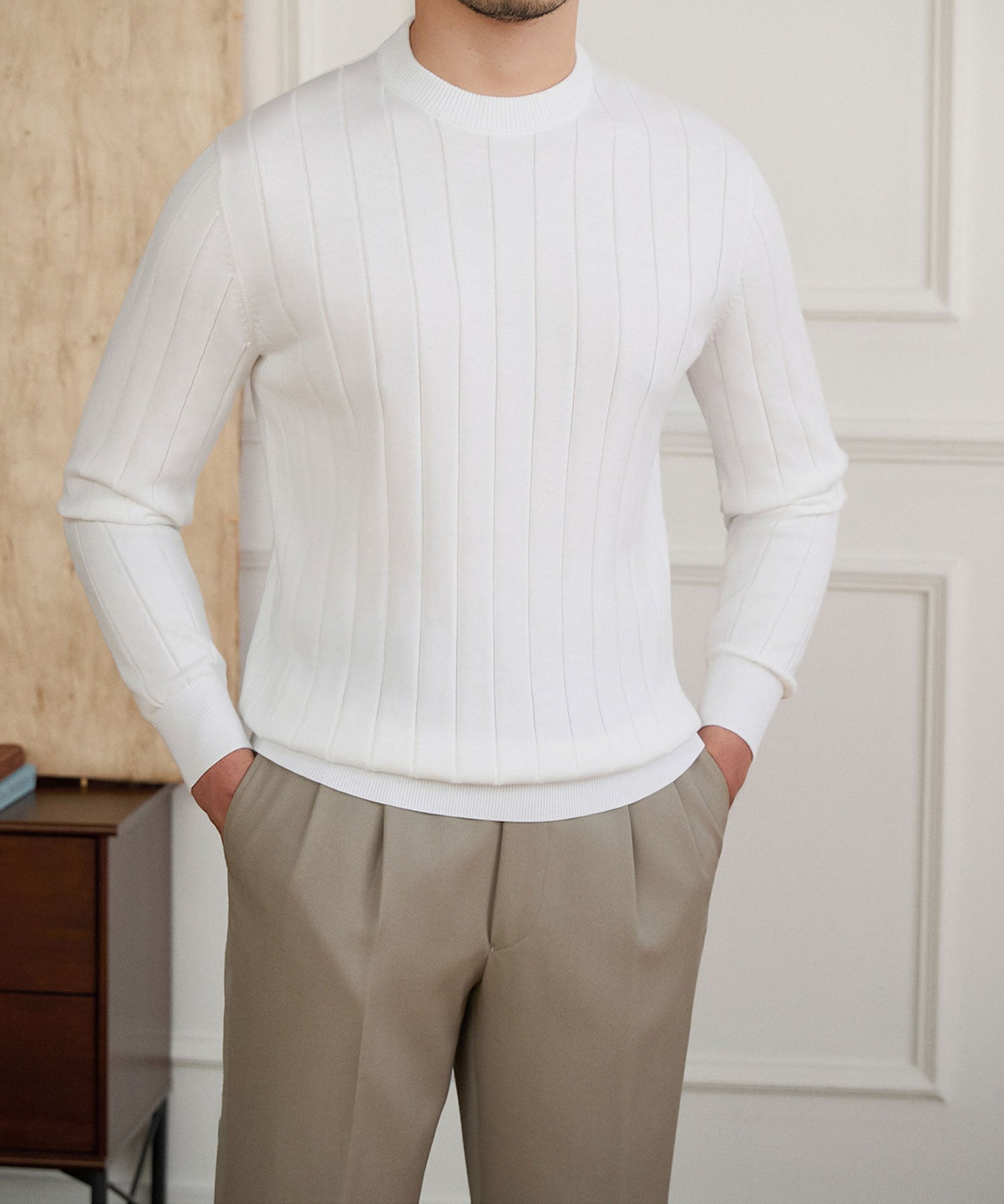 スリムフィット リブ ニット ベーシック エレガント 機能性抜群 シワになりにくい クルーネック ロングスリーブ セーター