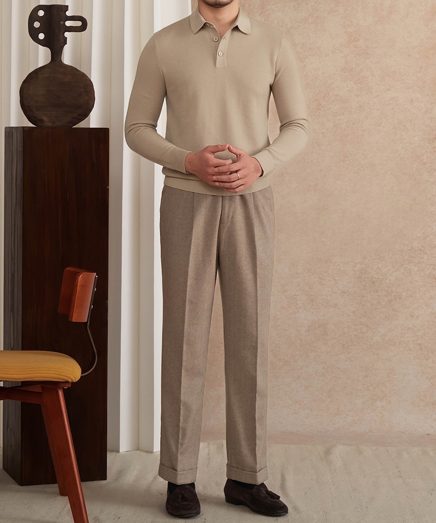 【COMING SOON】スリムフィット 機能性抜群 襟付き ミニマル シワになりにくい トップス ロングスリーブ ポロ リブ ニット セーター