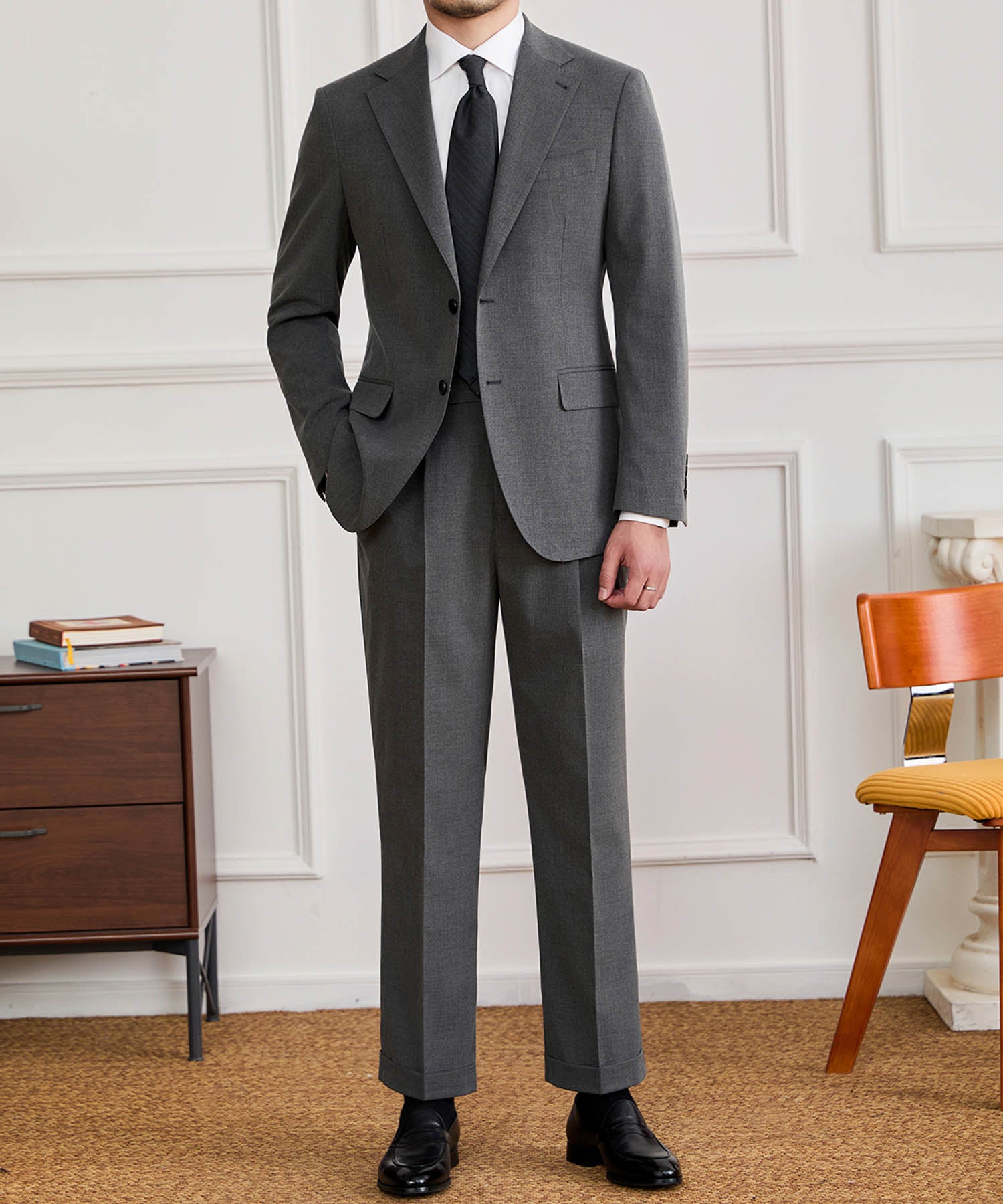 【NEW ITEM】スリムフィット シングルブレスト ノッチドラペル フラップポケット ベーシック スタンダード 機能性抜群 シワになりにくい エレガント セットアップ