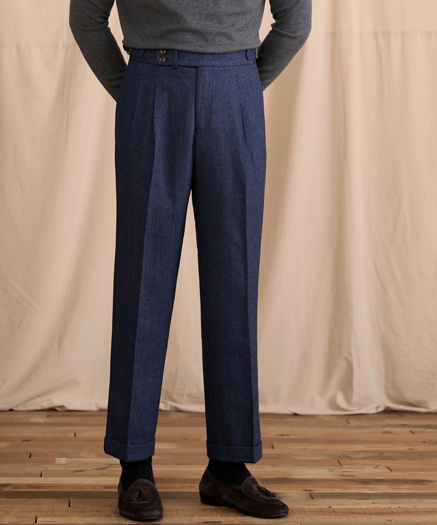 【NEW ITEM】レギュラーフィット 2つボタン ウエストサイドベルト サイズ調整可能 ウール ツータック クリース クラシック シワになりにくい ダブル トラウザー パンツ スラックス ズボン