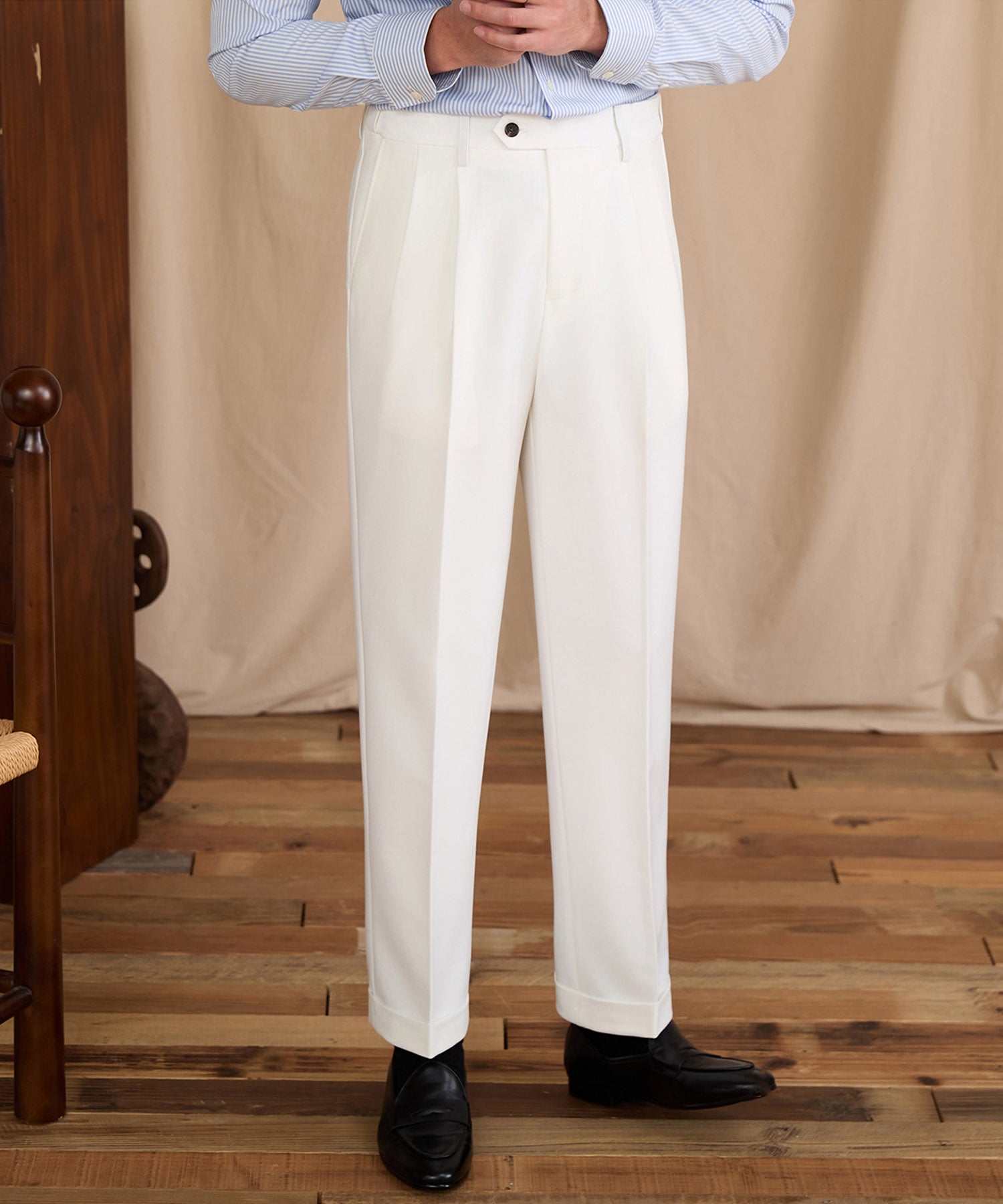 【NEW ITEM】レギュラーフィット 1つボタン ツータック クリース シワになりにくい モダン クラシック ダブル トラウザー パンツ スラックス ズボン