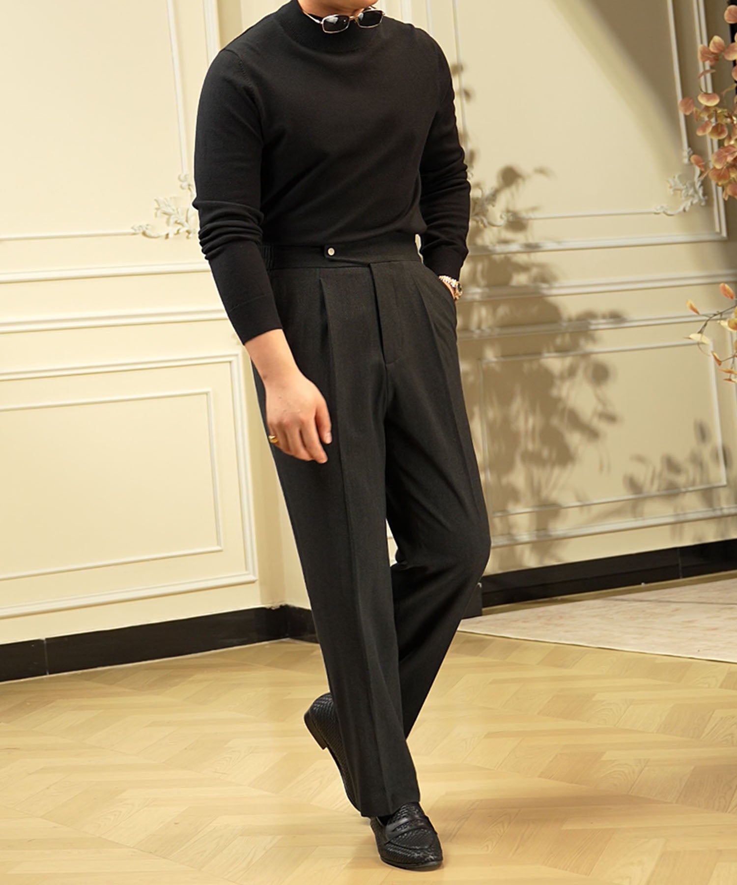 【COMING SOON】スリムフィット 1つボタン ラップウエスト ベルトレス タック クリース エレガント シワになりにくい ダブル トラウザー パンツ スラックス ズボン