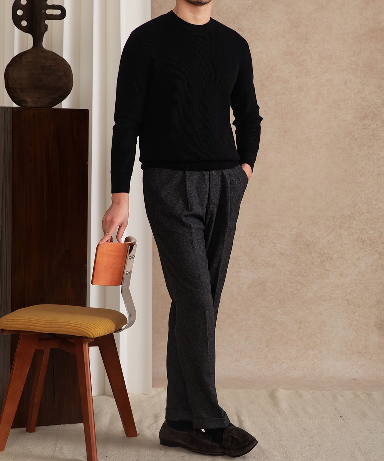 【NEW ITEM】スリムフィット 機能性抜群 ミニマル シワになりにくい 清潔感 トップス ロングスリーブ リブ ニット セーター