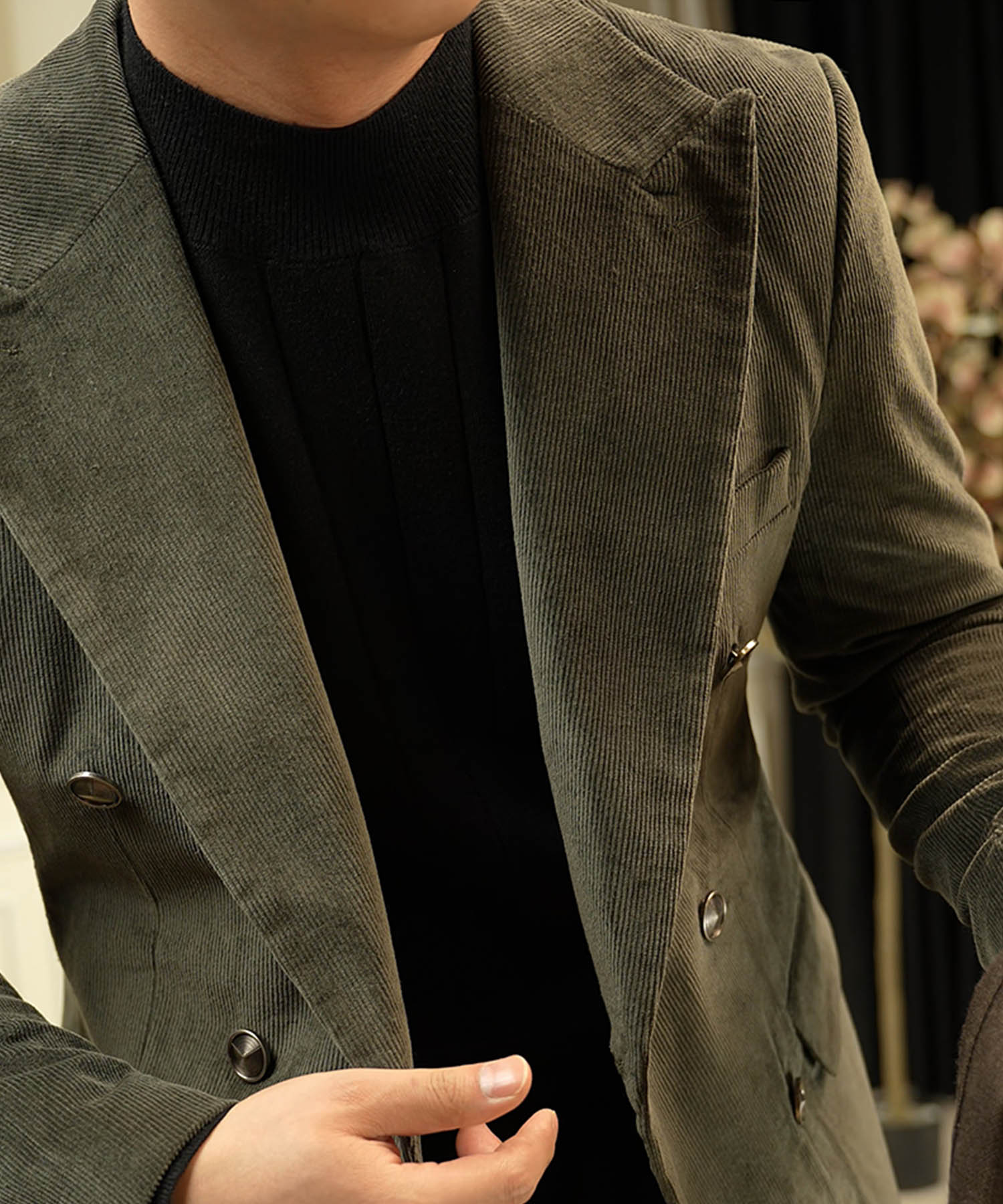 【NEW ITEM】スリムフィット ダブルブレスト 6つボタン 無地 綿 異素材 フラップポケット コーデュロイ 機能性抜群 シワになりにくい ピークドラペル テーラード ジャケット