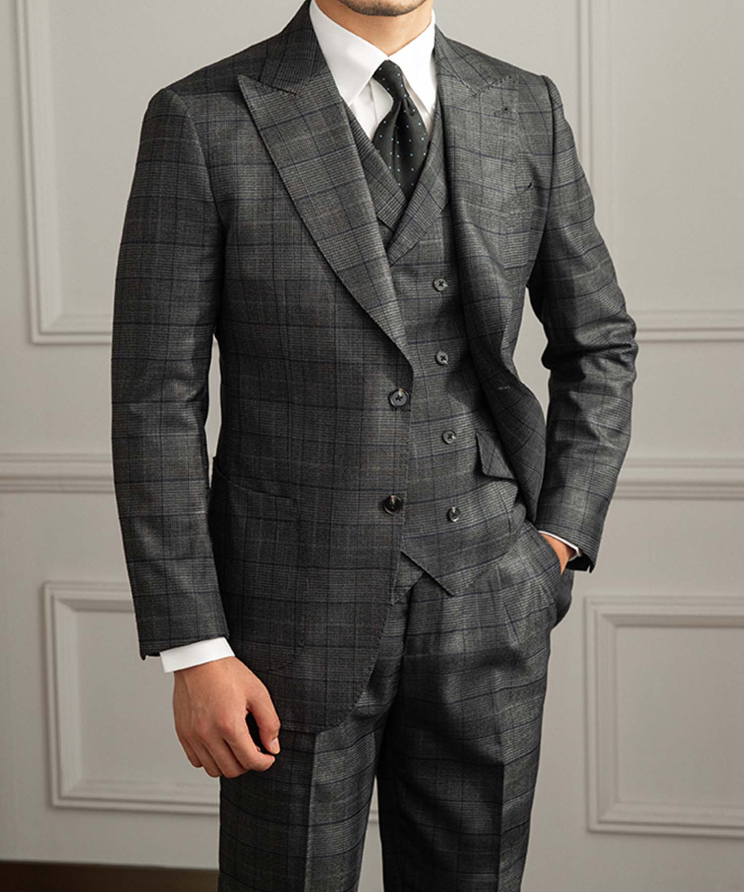 【ドラマ着用】スリムフィット シングルブレスト ピークドラペル ジャケット 2つボタン グレンチェック パッチポケット ダブルブレスト ベスト 機能性抜群 シワになりにくい エレガント テーラード スリーピース セットアップ