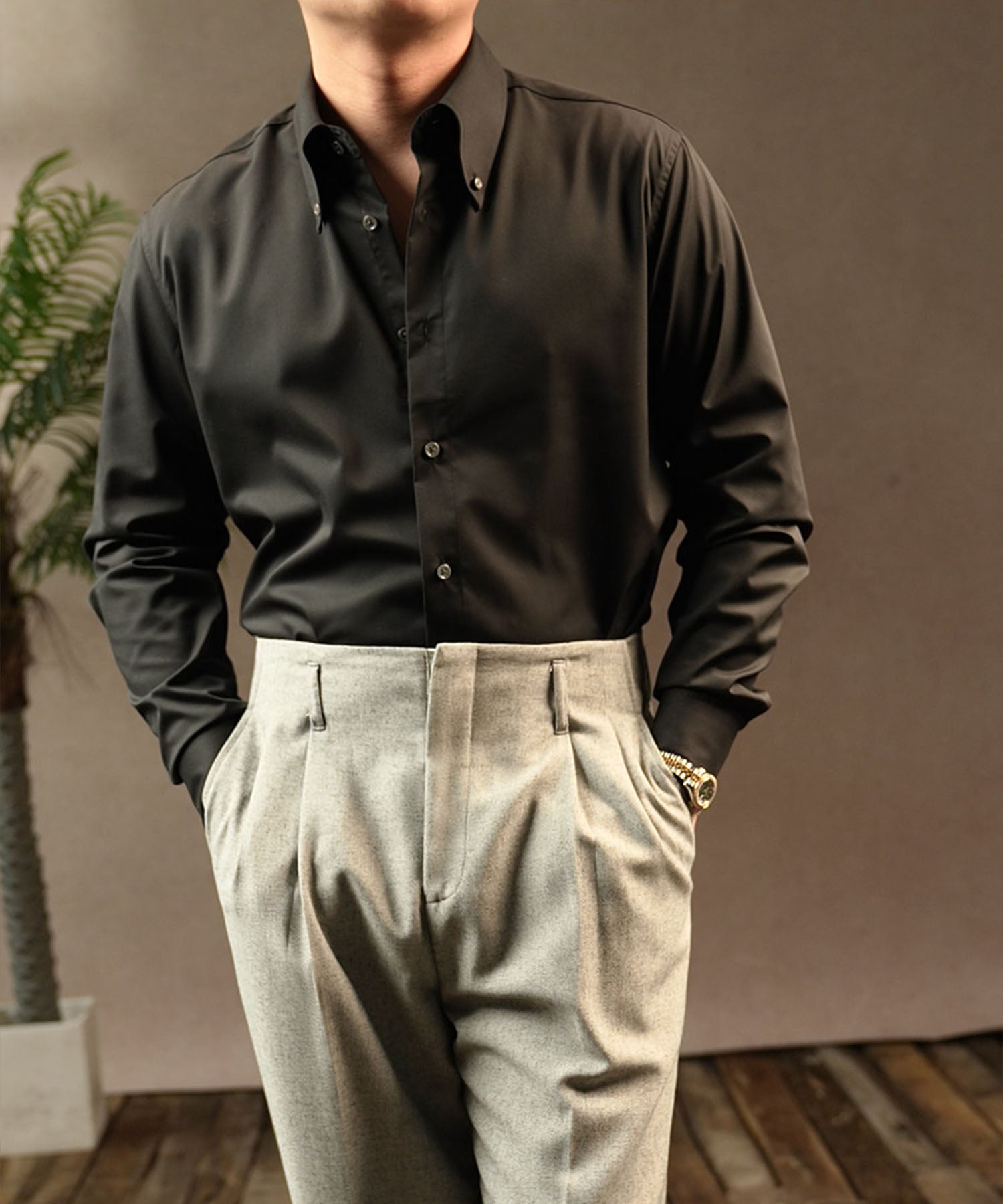 【NEW ITEM】スリムフィット ロングカラー ボタンダウン 無地 機能性抜群 シワになりにくい 清潔感 ロングスリーブ ミニマル エレガンス シャツ