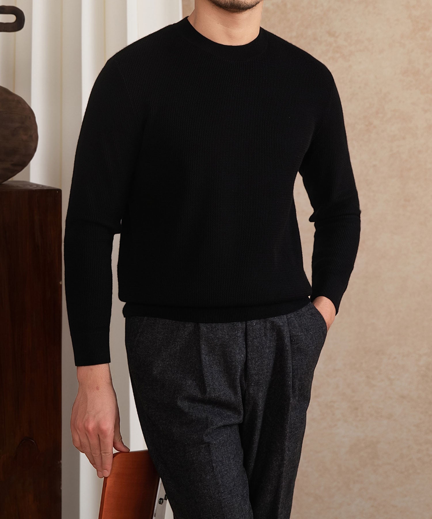 【NEW ITEM】スリムフィット 機能性抜群 ミニマル シワになりにくい 清潔感 トップス ロングスリーブ リブ ニット セーター