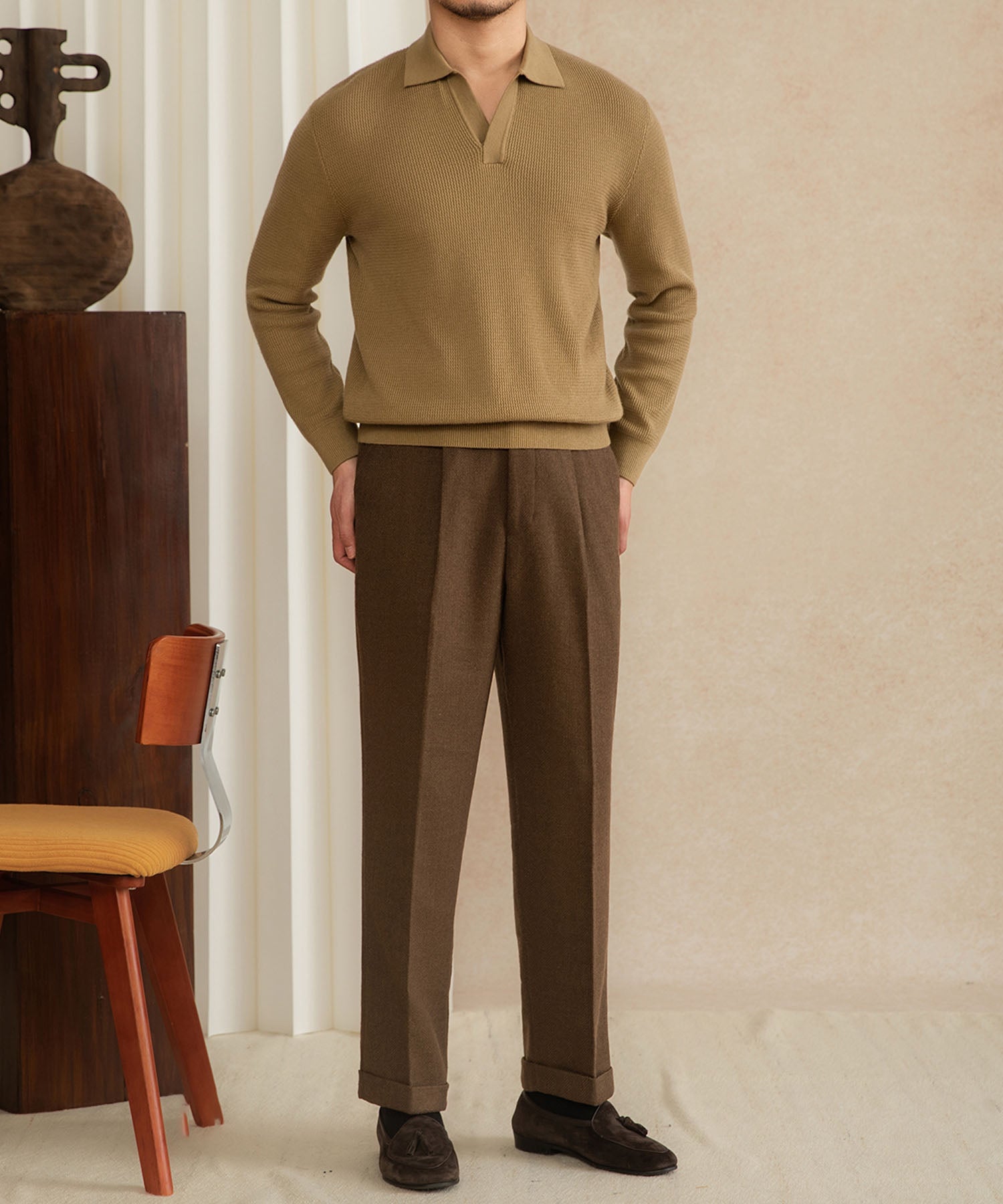 【NEW ITEM】スリムフィット 機能性抜群 襟付き 上品 シワになりにくい スマート トップス ロングスリーブ ポロ リブ ニット セーター