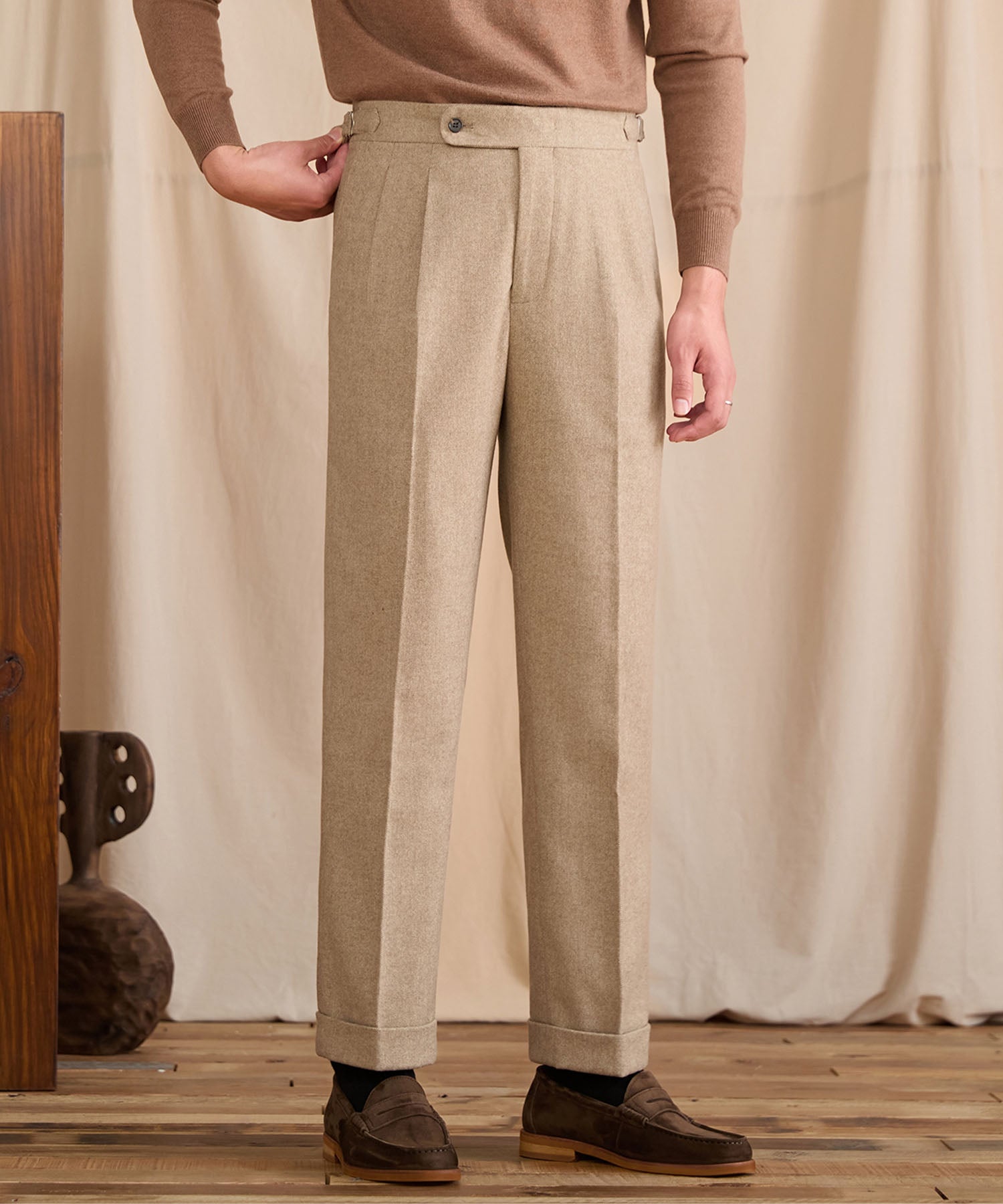 スリムフィット 1つボタン ウエストサイドベルト サイズ調整可能 ウール 保温性抜群 ツータック クリース シワになりにくい ダブル トラウザー パンツ スラックス ズボン