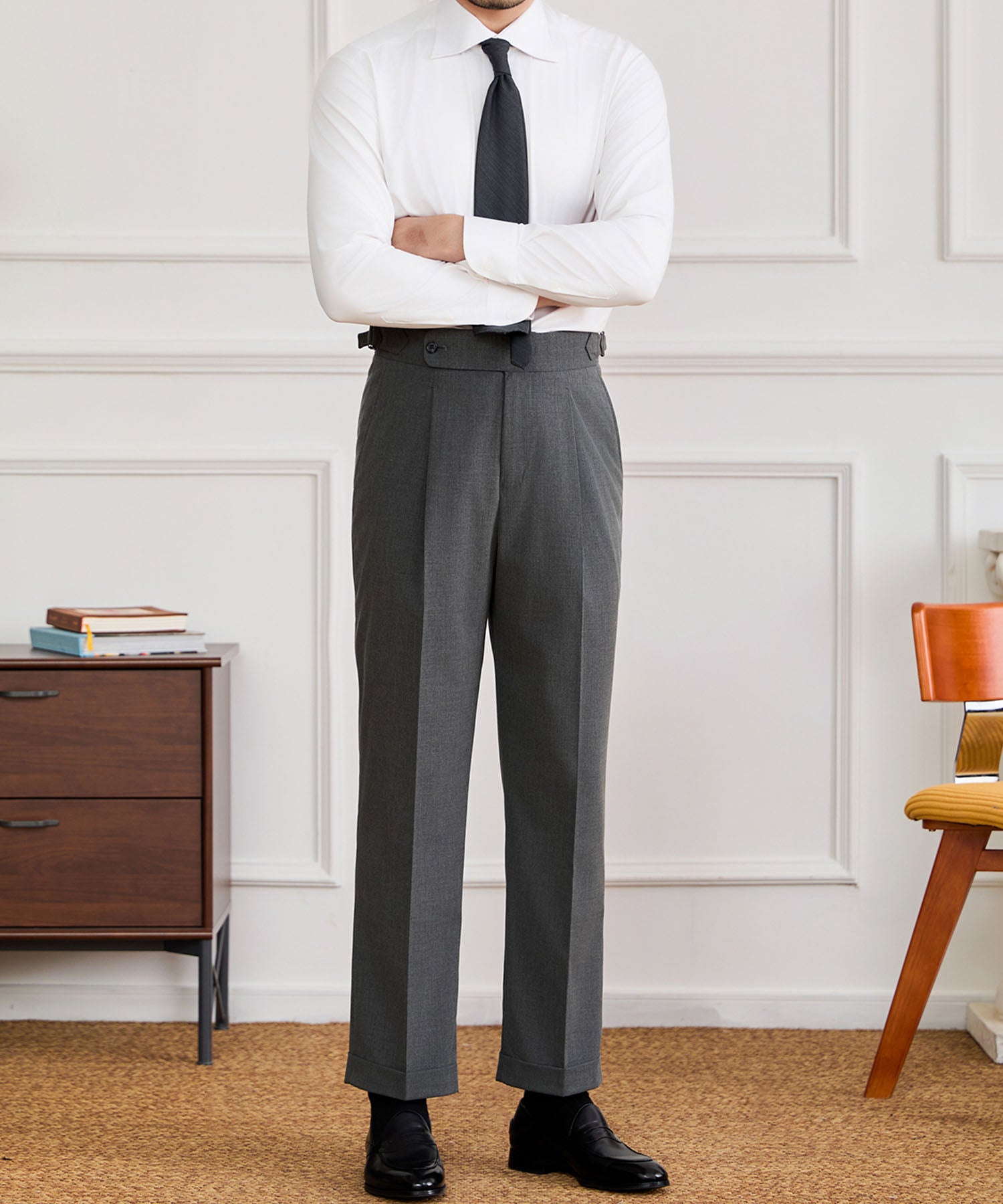 【NEW ITEM】スリムフィット 1つボタン ウエストサイドベルト ベルトレス サイズ調整可能 タック クリース シワになりにくい ダブル トラウザー パンツ スラックス ズボン