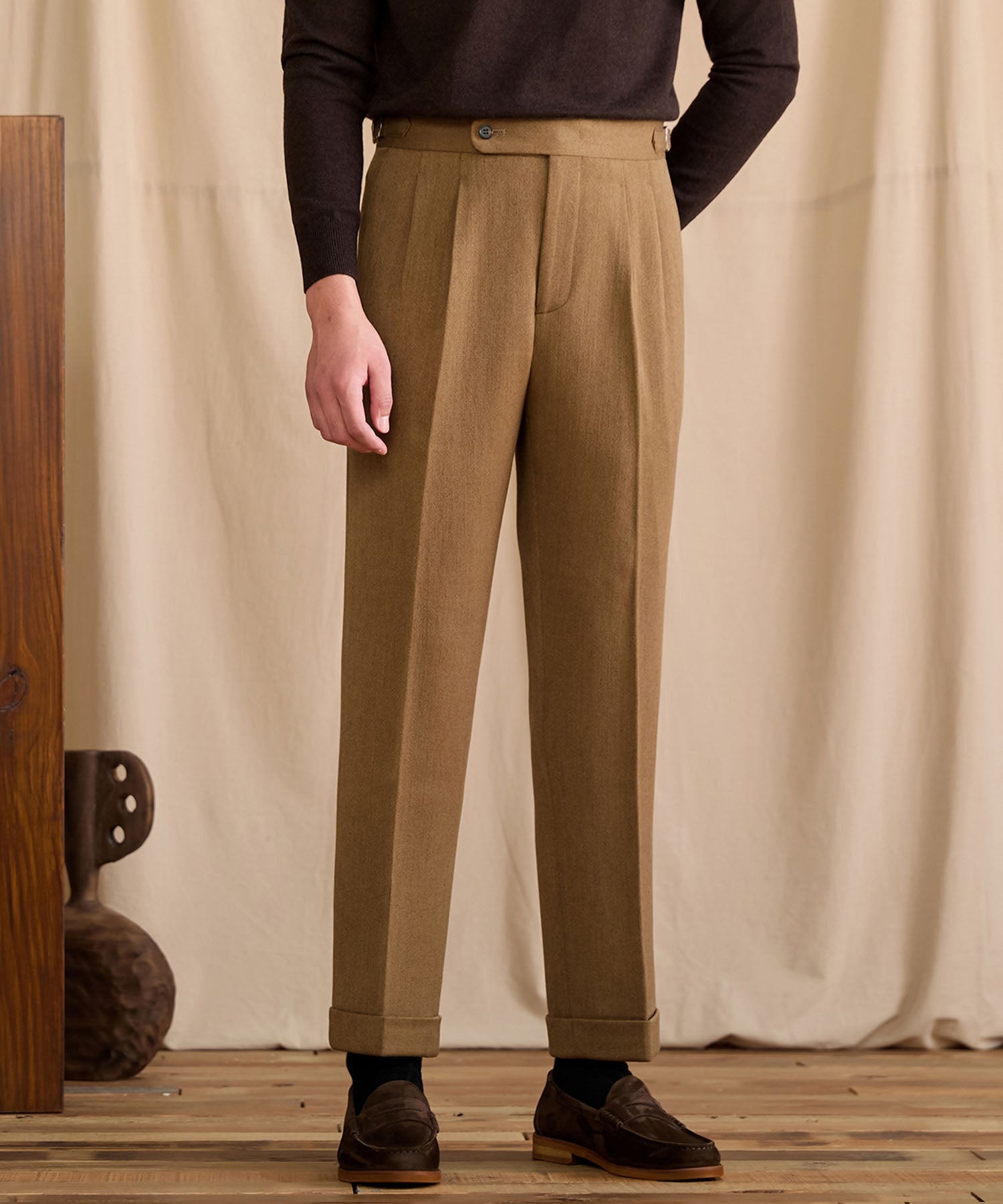 【NEW ITEM】スリムフィット 1つボタン ウエストサイドベルト サイズ調整可能 ウール ツータック クリース シワになりにくい ダブル トラウザー パンツ スラックス ズボン