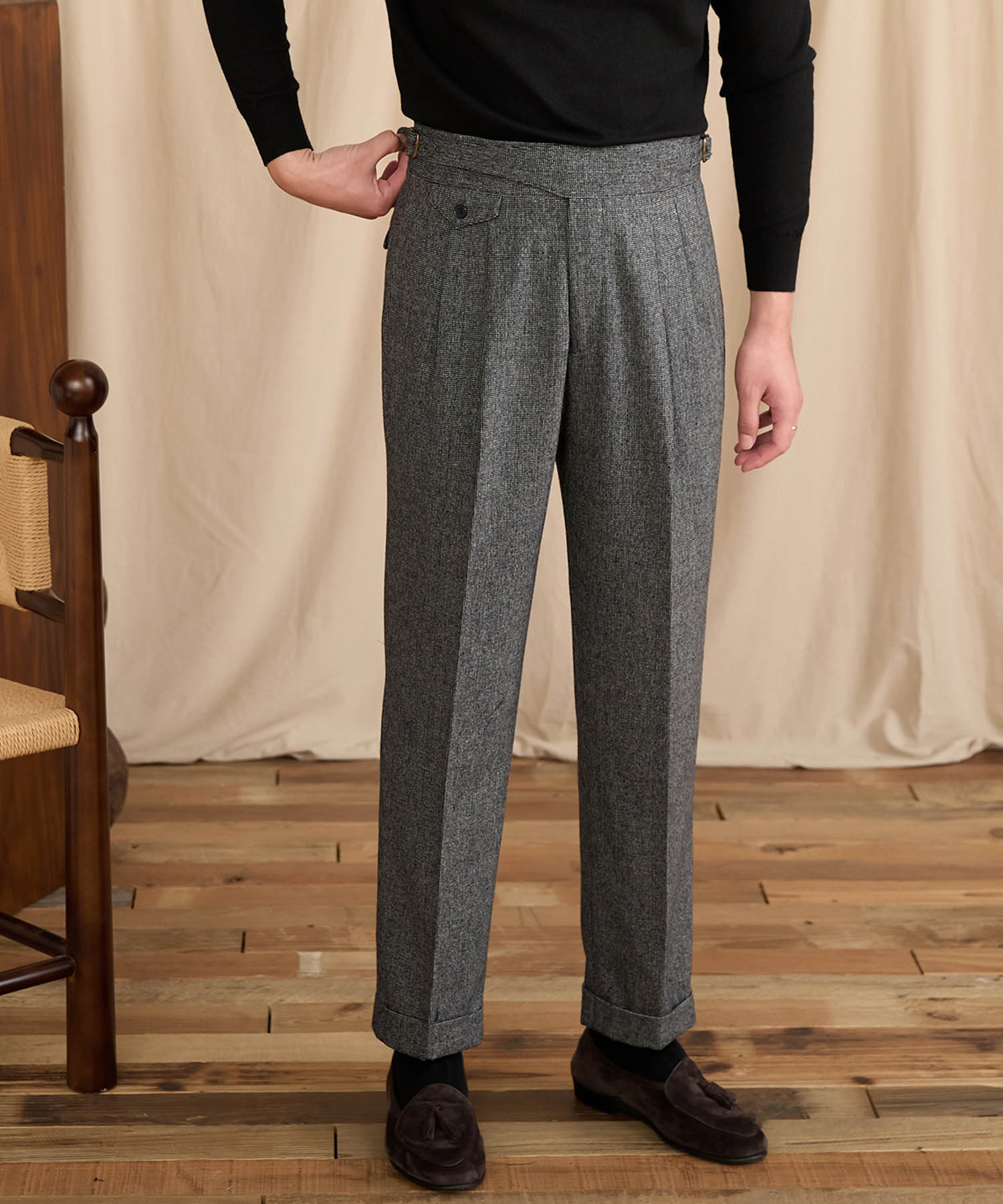 【NEW ITEM】レギュラーフィット 1つボタン ラップウエスト サイズ調整可能 ウール ハイウエスト コインポケット クリース クラシック シワになりにくい ダブル トラウザー パンツ スラックス ズボン