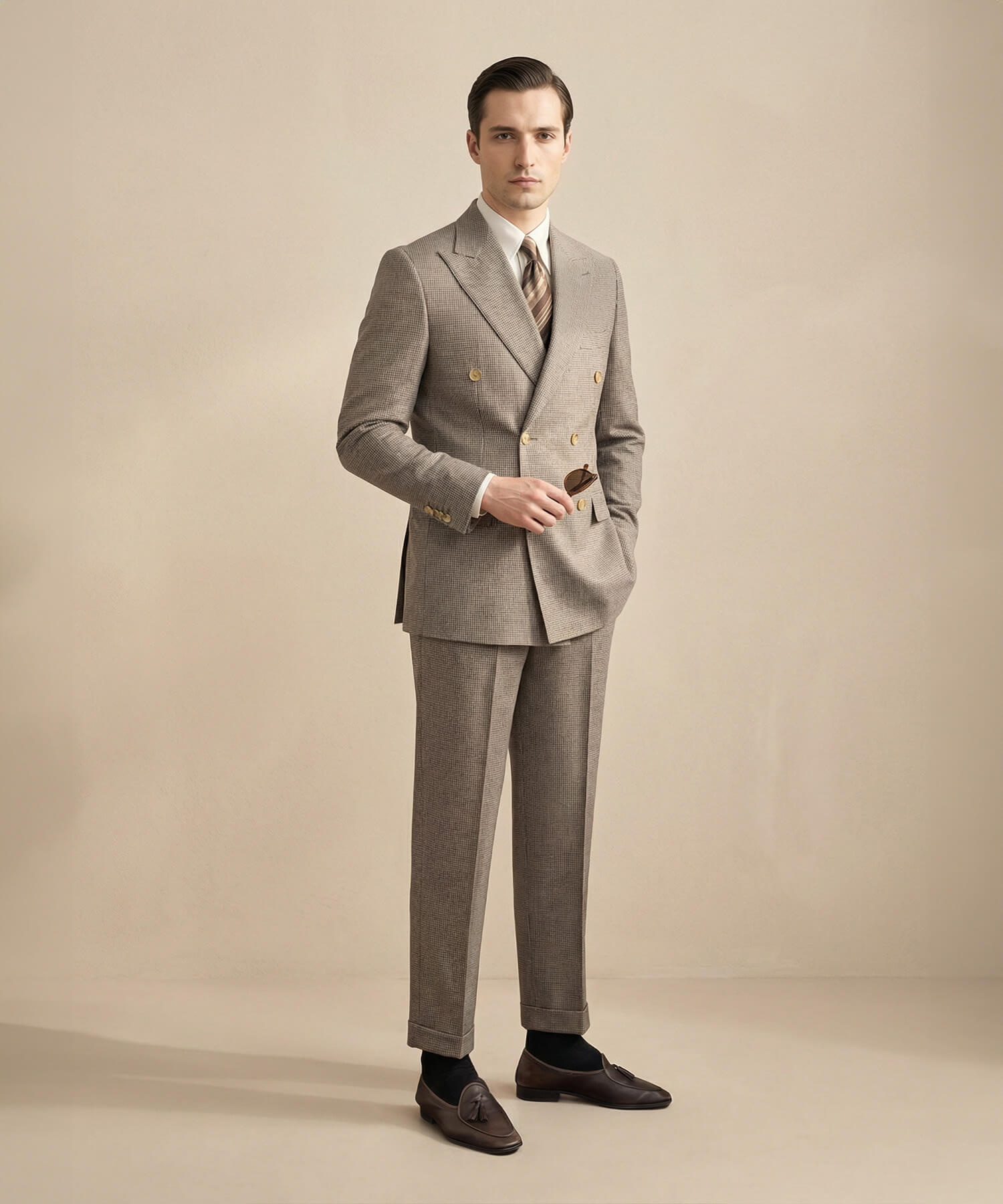 【ドラマ着用】スリムフィット ダブルブレスト 6つボタン 千鳥格子 綿 フラップポケット 胸ポケット 機能性抜群 シワになりにくい ピークドラペル エレガント テーラード セットアップ
